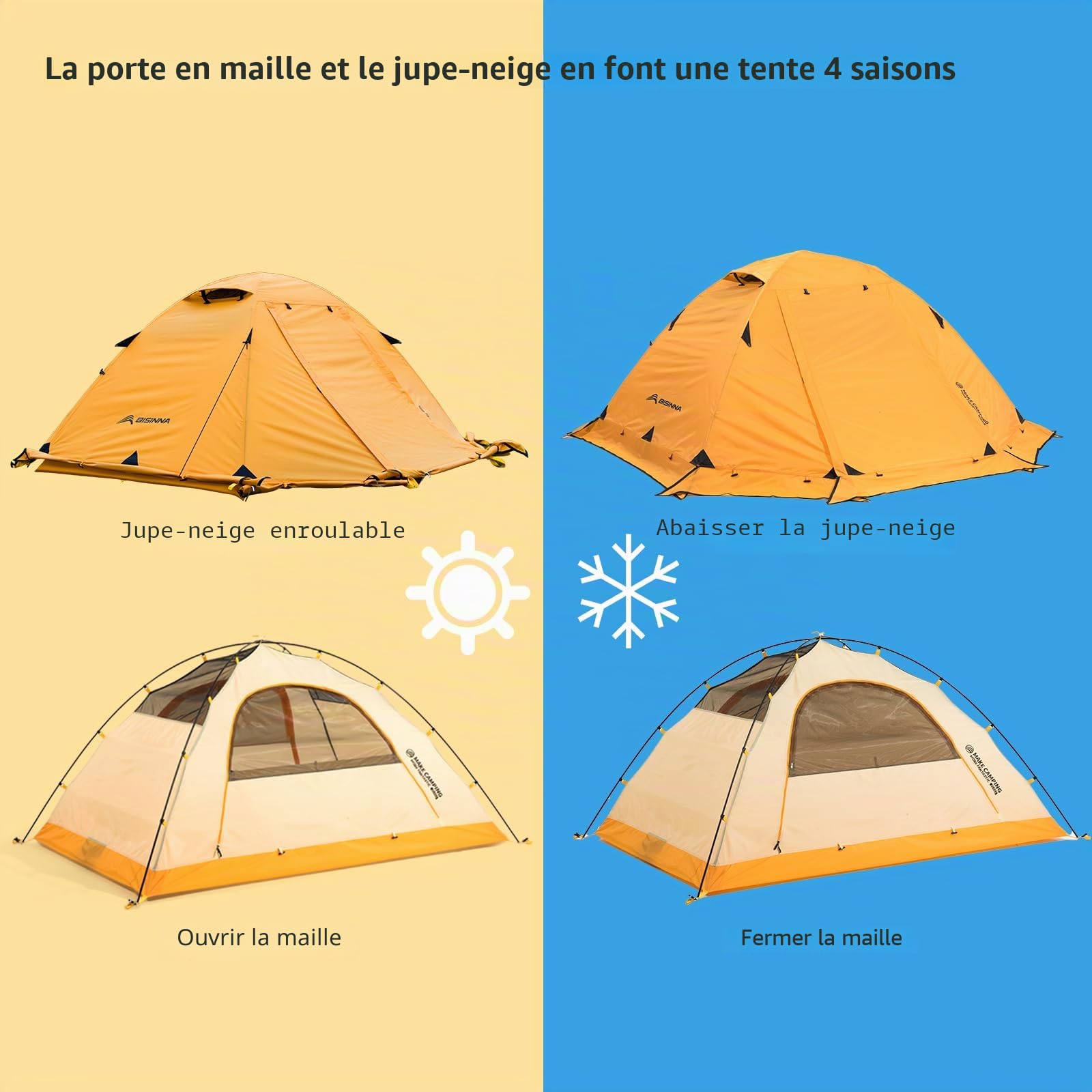 BISINNA Tente 4 Saisons pour la randonnée - Tente d'hiver légère pour 2 Personnes - Imperméable - Double Couche - Poteaux en Alliage d'aluminium - Facile à Installer pour Le Camping, la randonnée