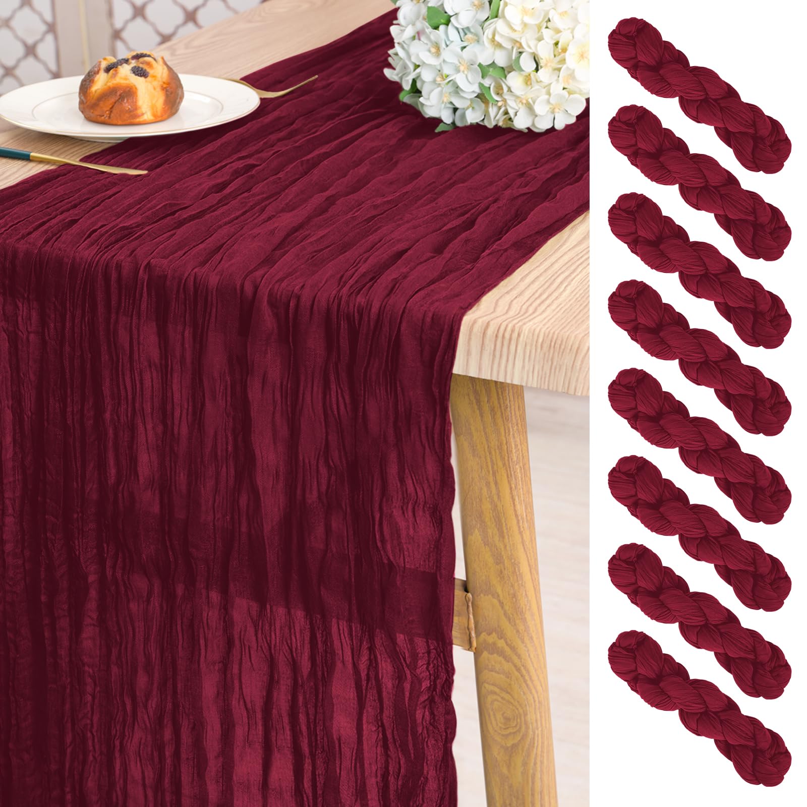 Pesonlook 8 Pack Burgundy Cheesecloth Table Runner Long,21.5 x 120 Inch