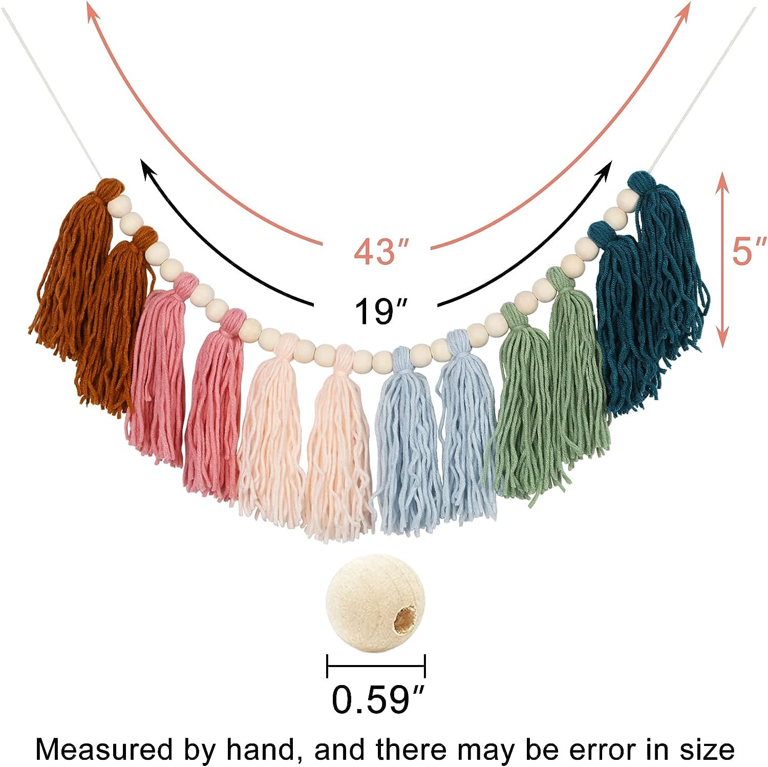 Ghirlanda di perline di legno da 147 cm con nappe, decorazione