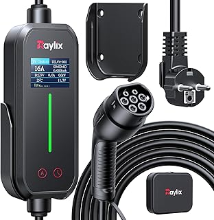 Raylix 3.68kW Mobile Wallbox Typ 2 Ladekabel Schuko (7M 6A-16A 1-Phasig) mit Stromzähler & Einstellbarem Strom & Verzögertem Laden, Ladekabel CEE 16A auf Typ 2 und Ladestation Ladeziegel EV Charger