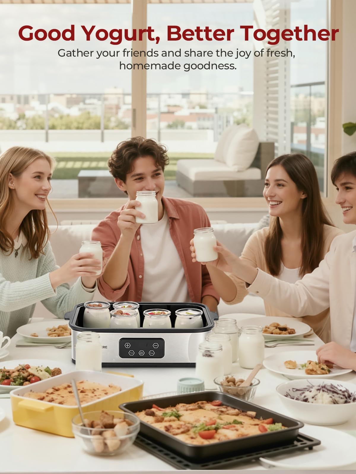 FOHERE Joghurtbereiter 25W inkl. 12 Glasbehälter à 180 ml für bis 2,16L Selbstgemachten Joghurt, Griechischer Joghurtmaschine mit Temperatur und Timer, LCD Display, Abschaltautomatik, BPA-frei
