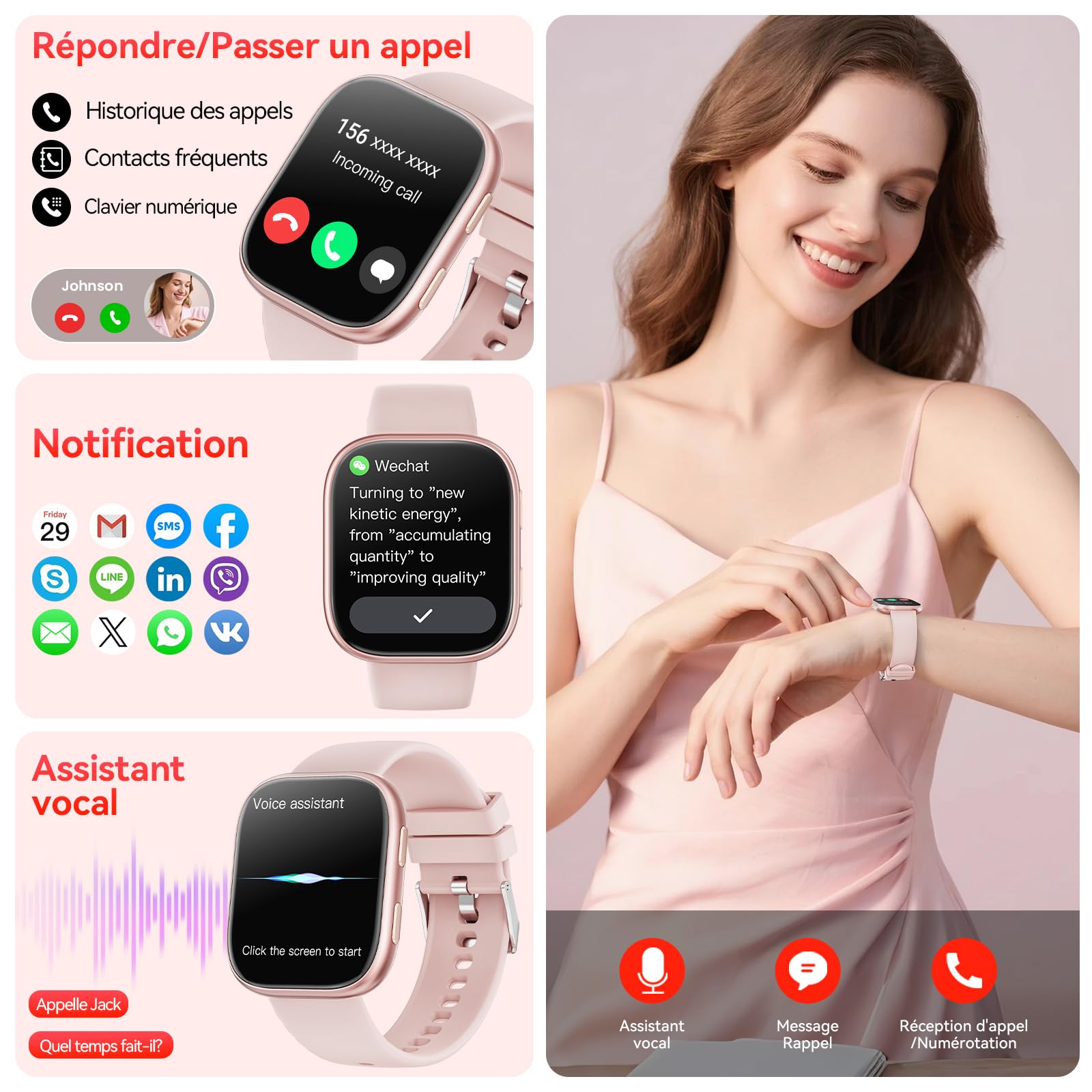 Mingtawn Montre Connectée Femme Homme avec Appel Bluetooth, 1.83'' HD Smartwatch pour 100+ Modes Sportifs, Fréquence Cardiaque, Sommeil, SpO2, IP68 Etanche Fitness Tracker pour iOS Android（Rose）