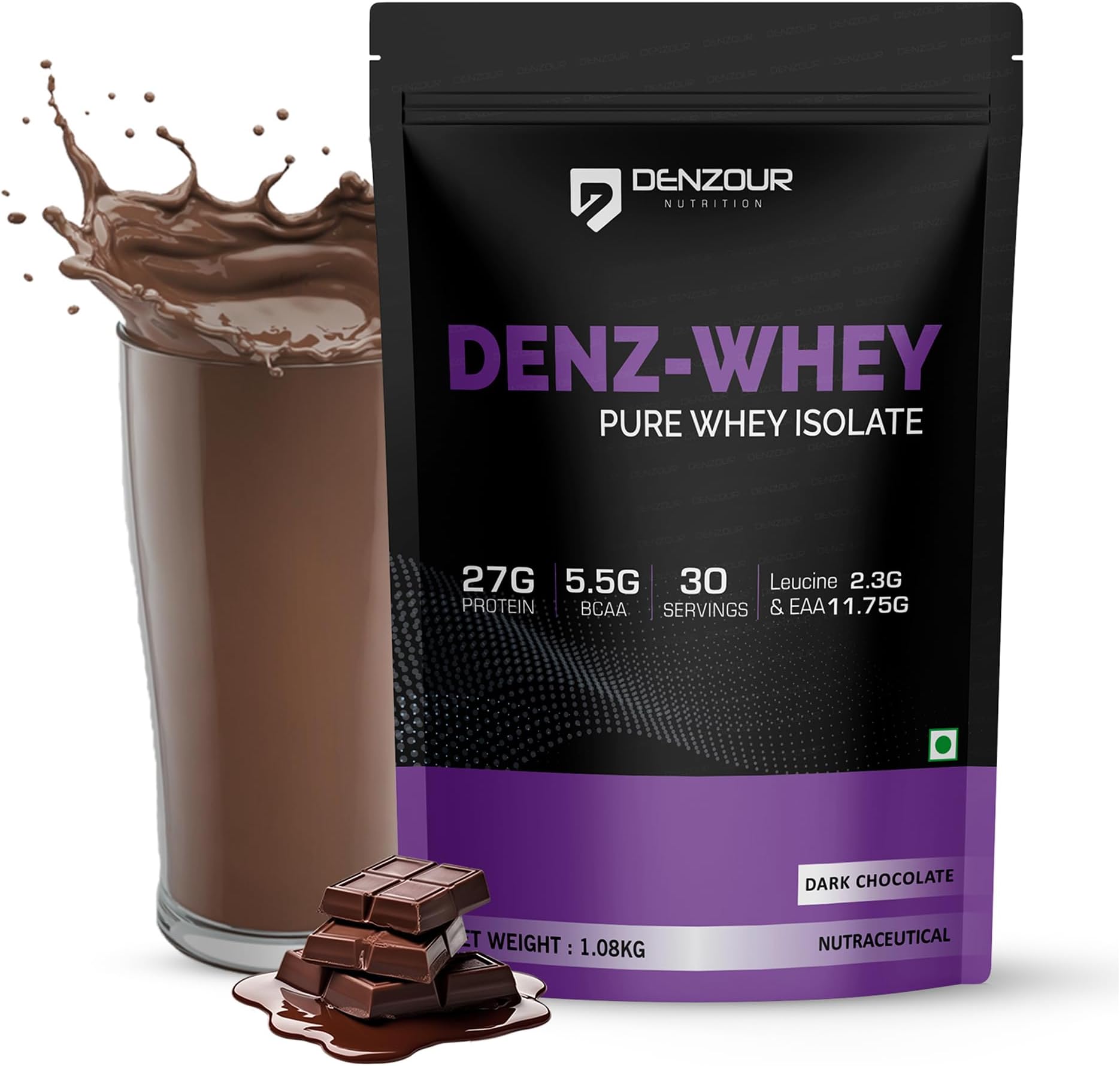DENZOUR NUTRITION Denz Whey Isolate Protein Powder for Men & Women | 27g Protein + 5.5g BCAA per Scoop | Fast Absorbing, Easy to Digest | Dark Chocolate Flavour | 1.08 kg, 30 Servings