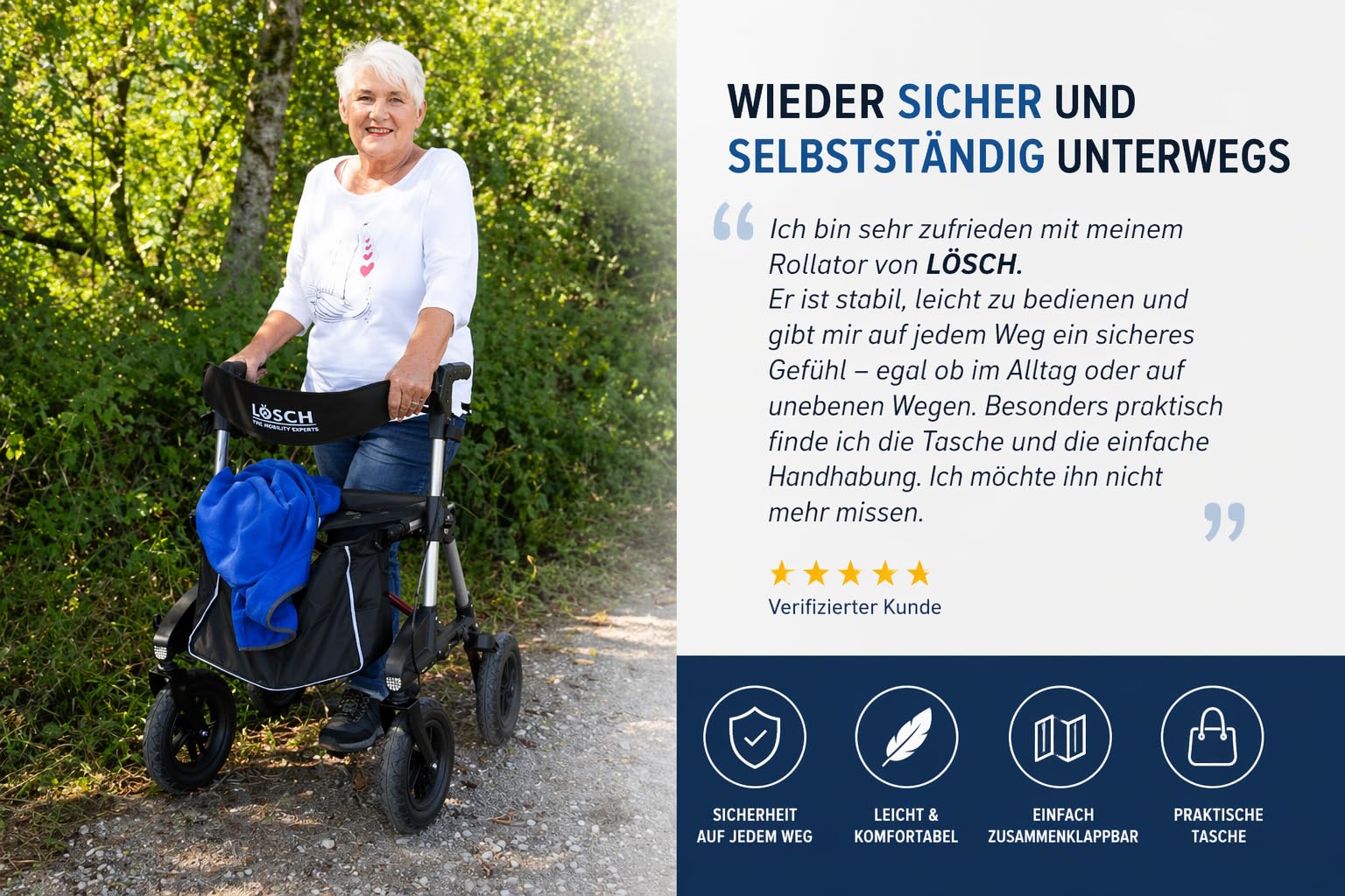 TABAS Outdoor Rollator 2.0 luftbereift – Leichtgewicht Aluminium Rollator faltbar mit Sitz & Tasche, höhenverstellbar, stabile Gehhilfe für Senioren innen & außen – Rot