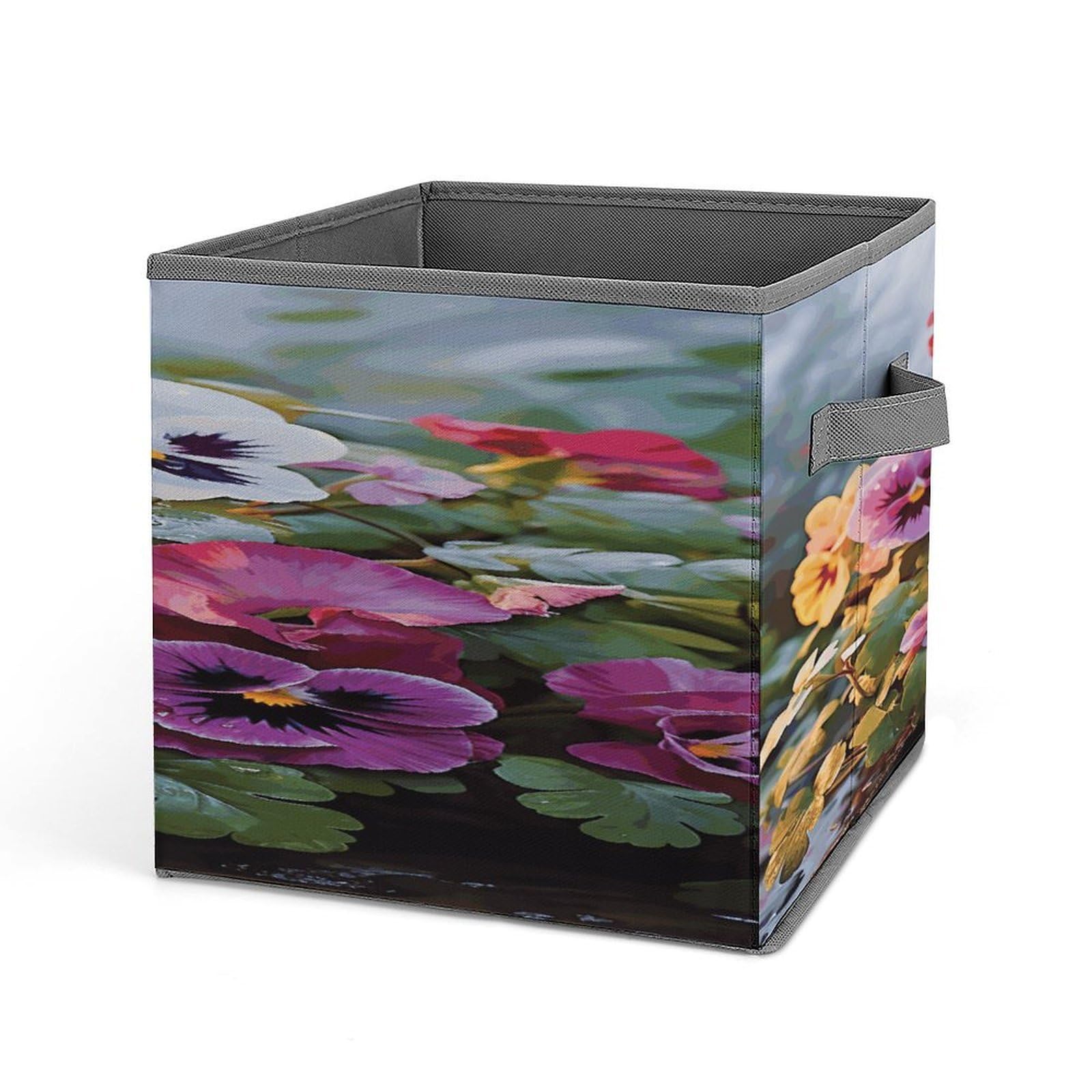 VstaDank Pansy Flowers Storage Bin Collapsible Storage Cubes Organizer Oxford Cloth Storage Box with Dual Handles Large Stackable Closet Storage Bins for Sheets Hat Sweater