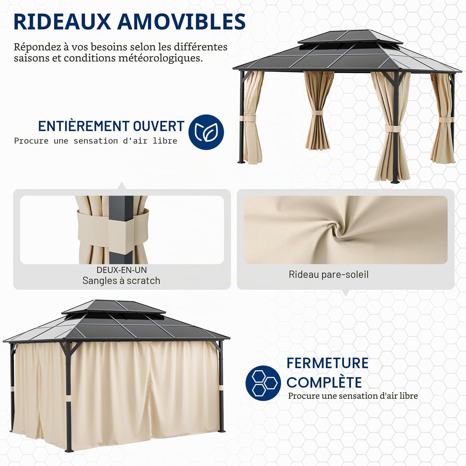 UDPATIO Double Toit Tonnelle de Jardin 3x4m Imperméable - UV Résistant avec Rideaux, Tonnelle Stabilisée pour Jardin, Terrasse (Beige)