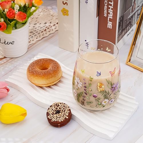 Miniatura 4 de Whaline 2 copas de vino sin tallo de primavera, 17 onzas, acuarela, flores, mariposas, vasos de flores silvestres, vasos para suministros de fiesta,