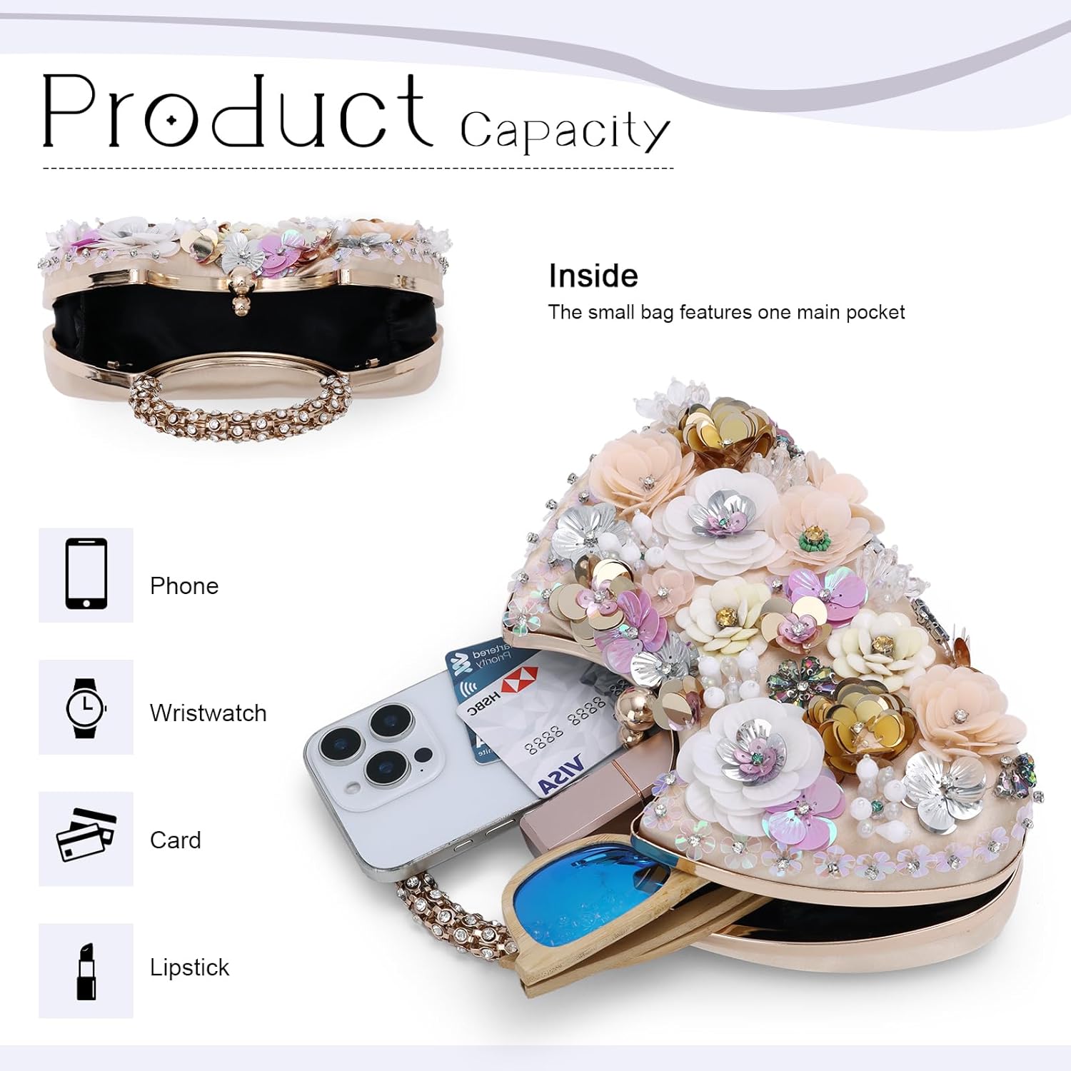 Fecialy Flower Clutch Purse for Women 3D Floral Evening Handbags Rhinestone Shoulder Crossbody Bag Formal Party Bride Wedding