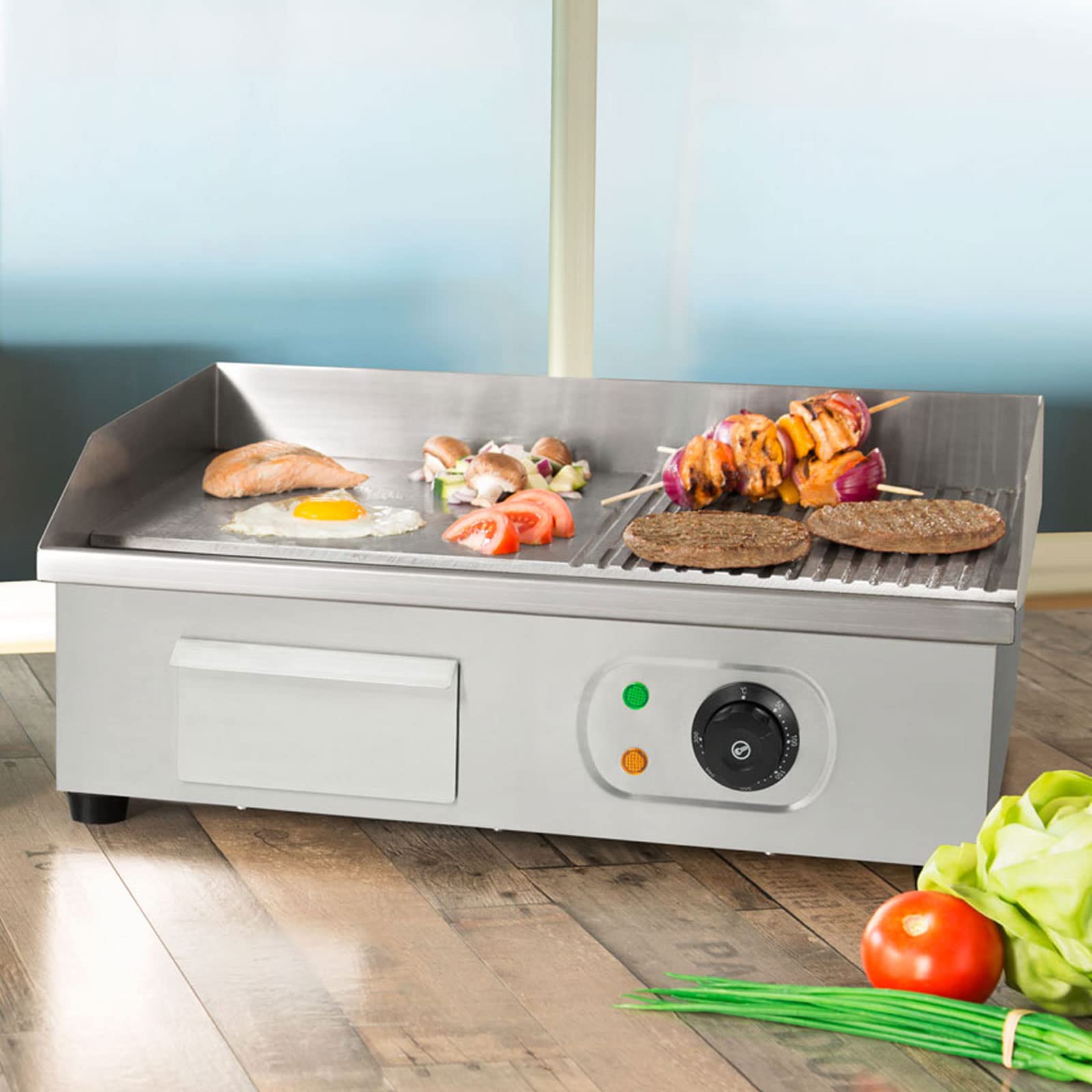 Vertes Piastra per griglia elettrica professionale, potenza 3000 watt, alloggiamento in acciaio inox, temperatura regolabile da 50 a 300°C, griglia plancha elettrica con superficie 55x35cm