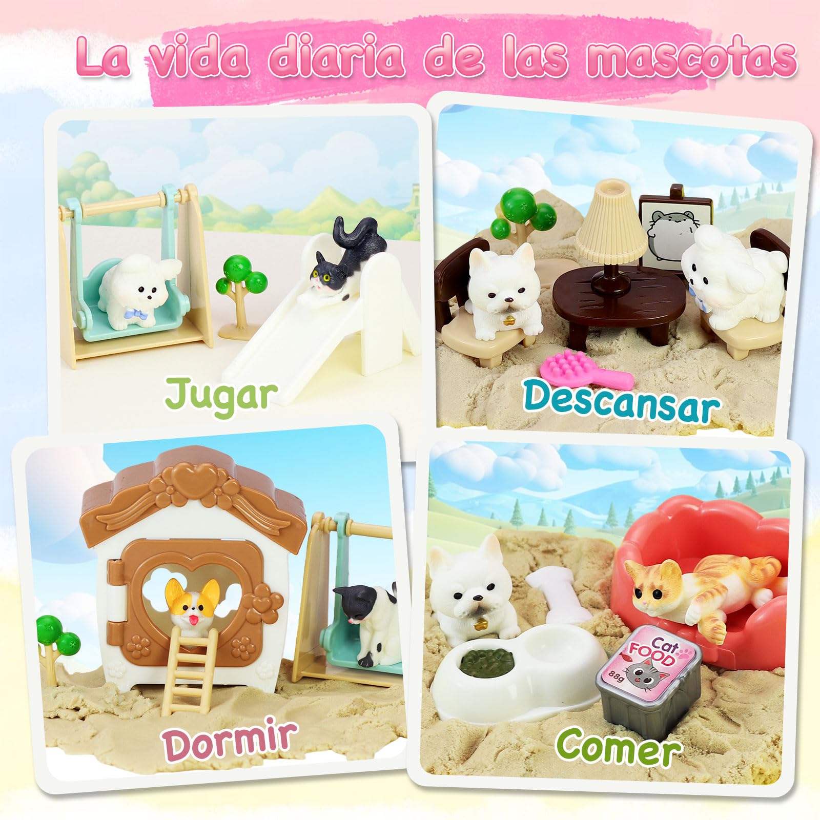 VBACALA Arena Mágica Set con Arenero de 2 Pisos,500g Arena,Figuras Perros Gatos,Set Sand con Temática Animales Domésticos,Juego Arenas Sensorial para Niños 3+ Años,Regalo para Niños Niñas