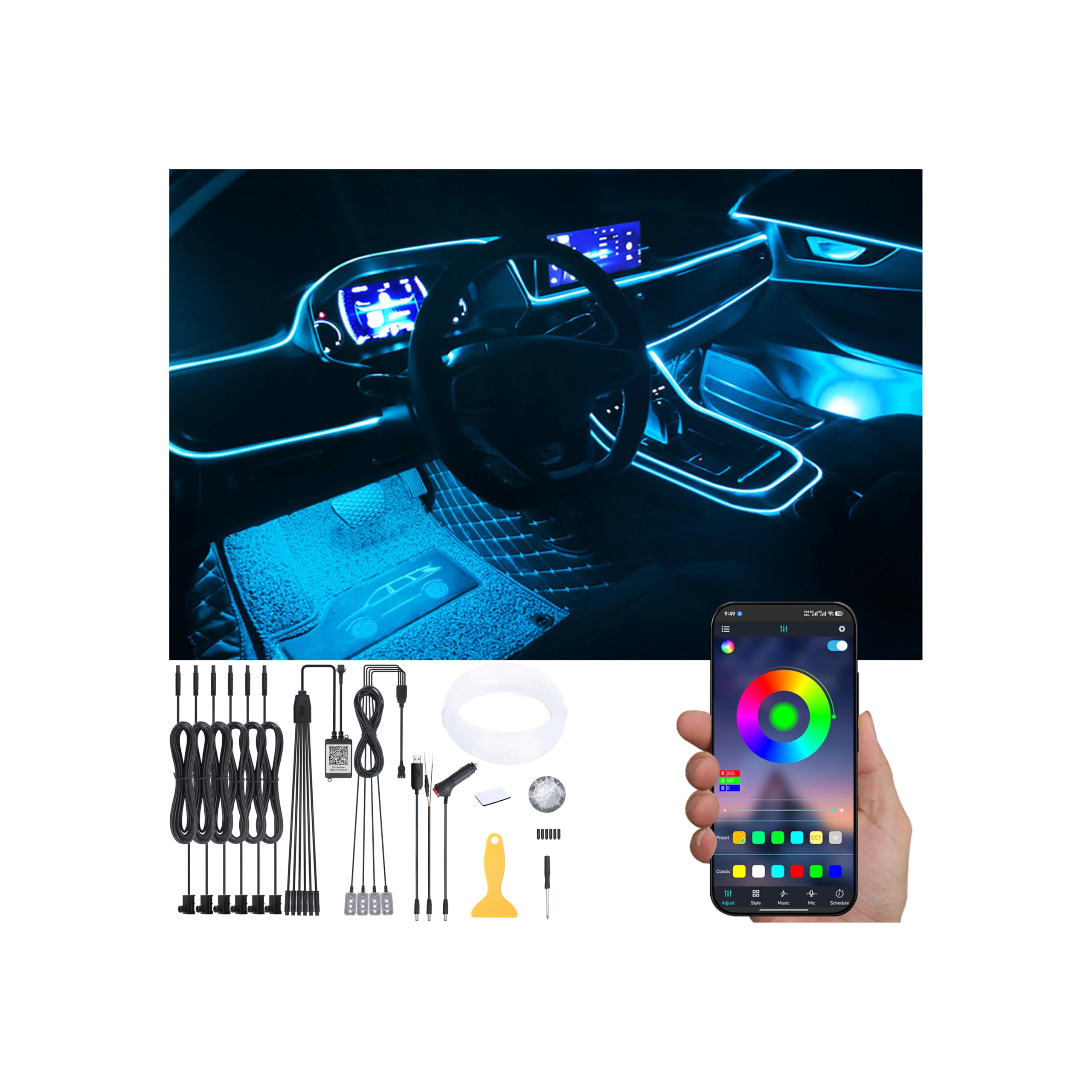 Kit di luce dell'atmosfera dell'auto 8m Fibra ottica RGB Multicolore memoria musica attiva Bluetooth APP Controllo 64 colori USB Kit di illuminazione ambientale dell'interno auto Footwell 12V