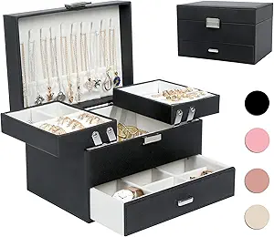 Dajasan Jewelry Box for Women 3 Layers Large Jewelry Organizer with velvet Travel Jewelry Storage Organizer Jewelry Case f...