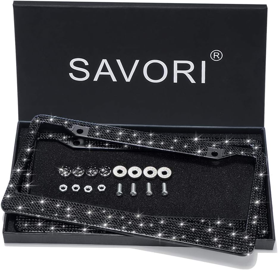 SAVORIDiamond Car License Plate Frame, 2 Pack Luxury Sparkly Bling White Rhinestone Car Stainless Steel Metal Frames with 4 Anti- Theft Screw Caps（Black）