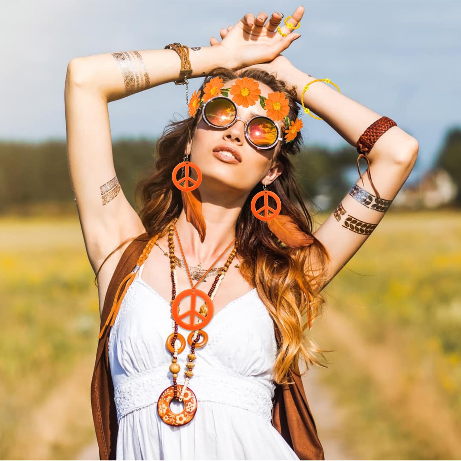 Dazzroi 7Pcs Hippie Costume Accessories for Women 60s 70s Dressing Accessories Set including Plastic Necklace Earring Flower Headband Bracelet Ring Sunglasses Retro Deco for Dress Up (orange) - Image 4
