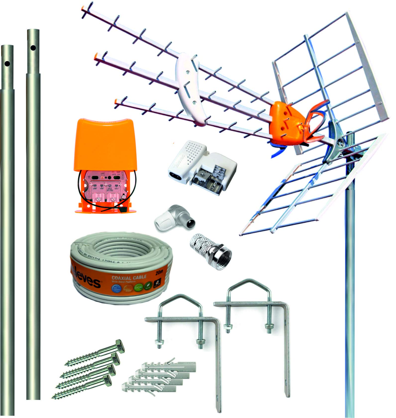 Kit Antena T E L E V E S 5G + Amplificador y Fuente + 2 Mástiles 1.2m + Garras + Conexiones + 20m Cable