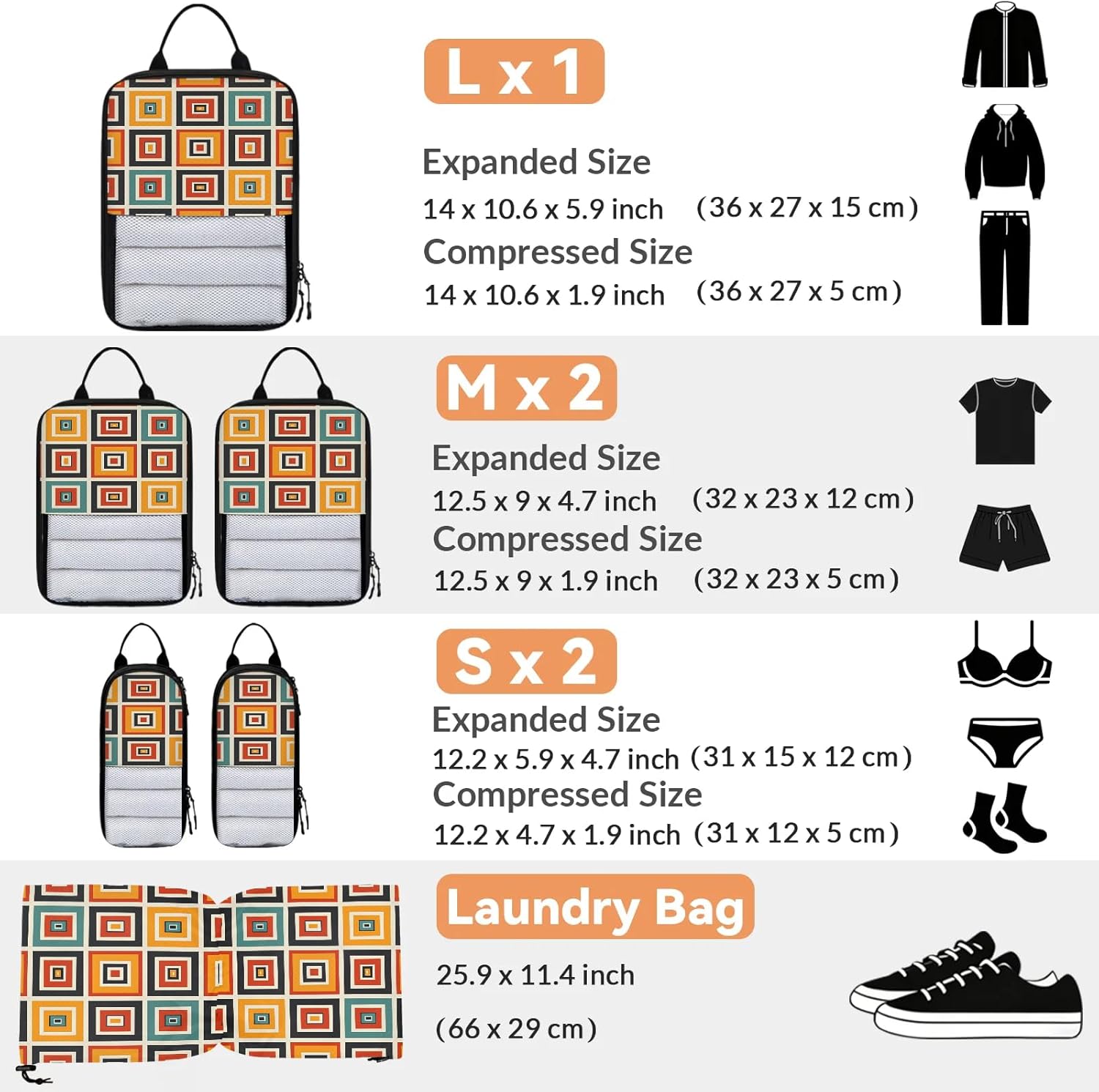 Orange Mid Century 6 Set Compression Packing Cubes Modern Abstract Geometric Art Expandable Packing Organizer for Travel Accessories Luggage Suitcase Bag