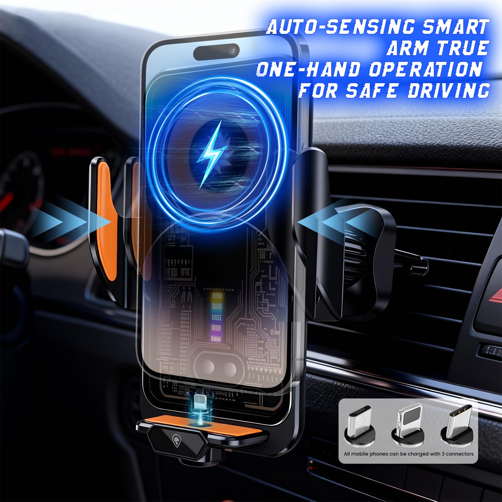 Caricabatterie da auto wireless veloce Supporto per telefono di ricarica wireless per navigazione magnetica per auto Supporto per telefono automatico Smart Sensor Bloccaggio rotante con stazione di