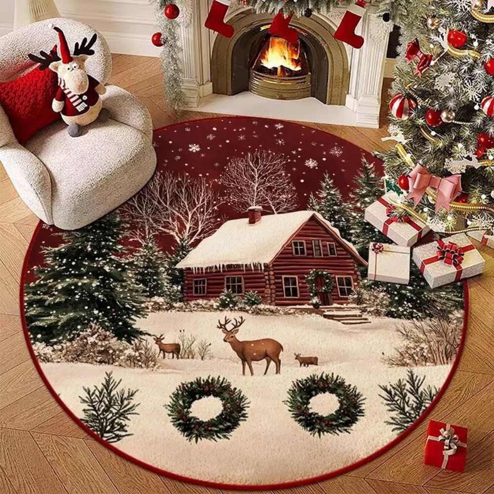 Odot Tapis Rond de Noël, Motif élan, Bonhommes, Lavable Rug de Salon, Chambre à Coucher, Ambiance Festive,Tapis Chambre, Couverture de Chevet Père Noël (Cerf Sika 6,160CM)