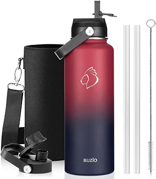 BUZIO Insulated Water Bottle 1.2L Stainless Steel with Straw & Spout Lid