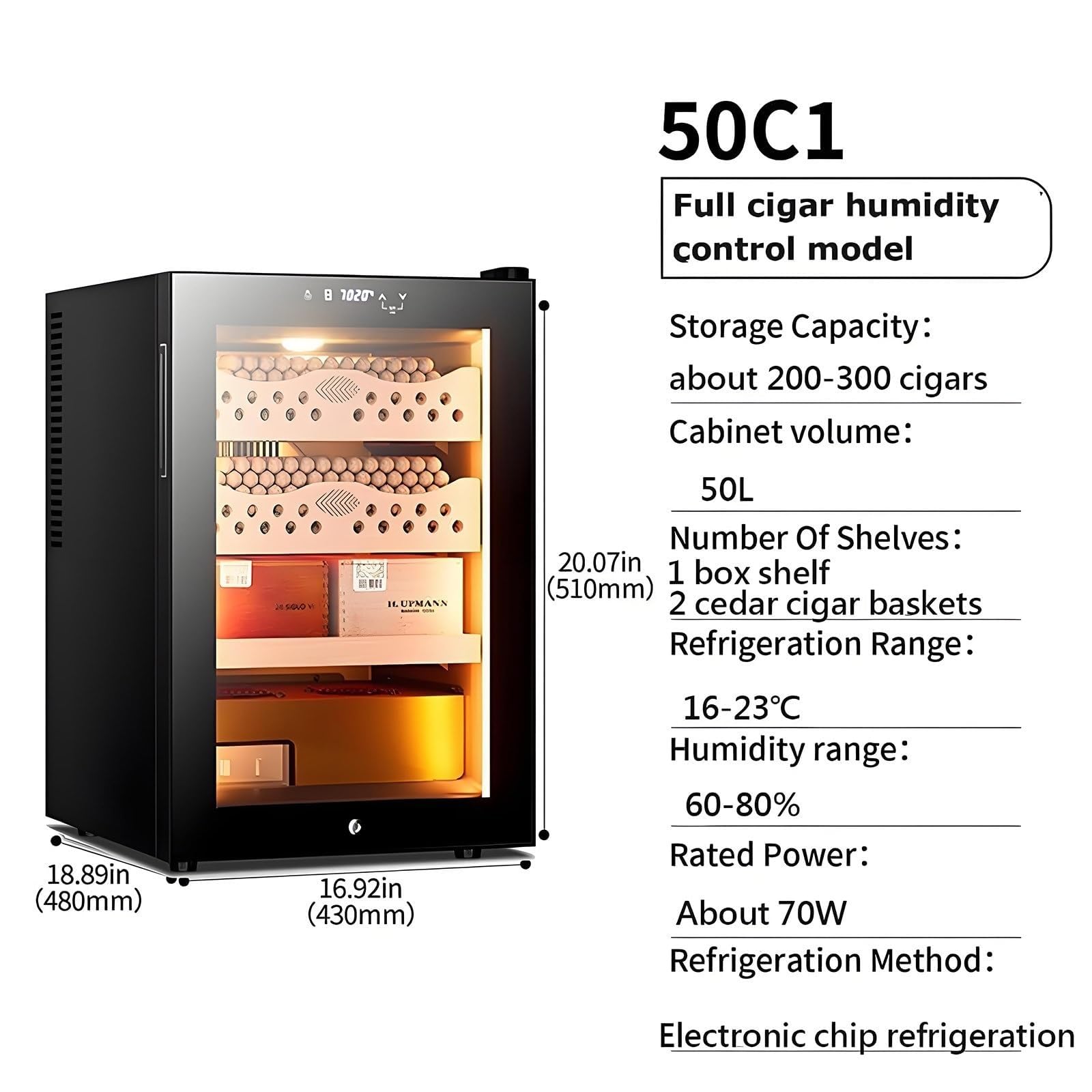 Elektrischer Zigarren-Humidorschrank, 50L Kapazität, intelligente Temperaturregelung, leise konstante Temperatur 11~18°C, hält bis zu 300 Zigarren mit 4 Schichten