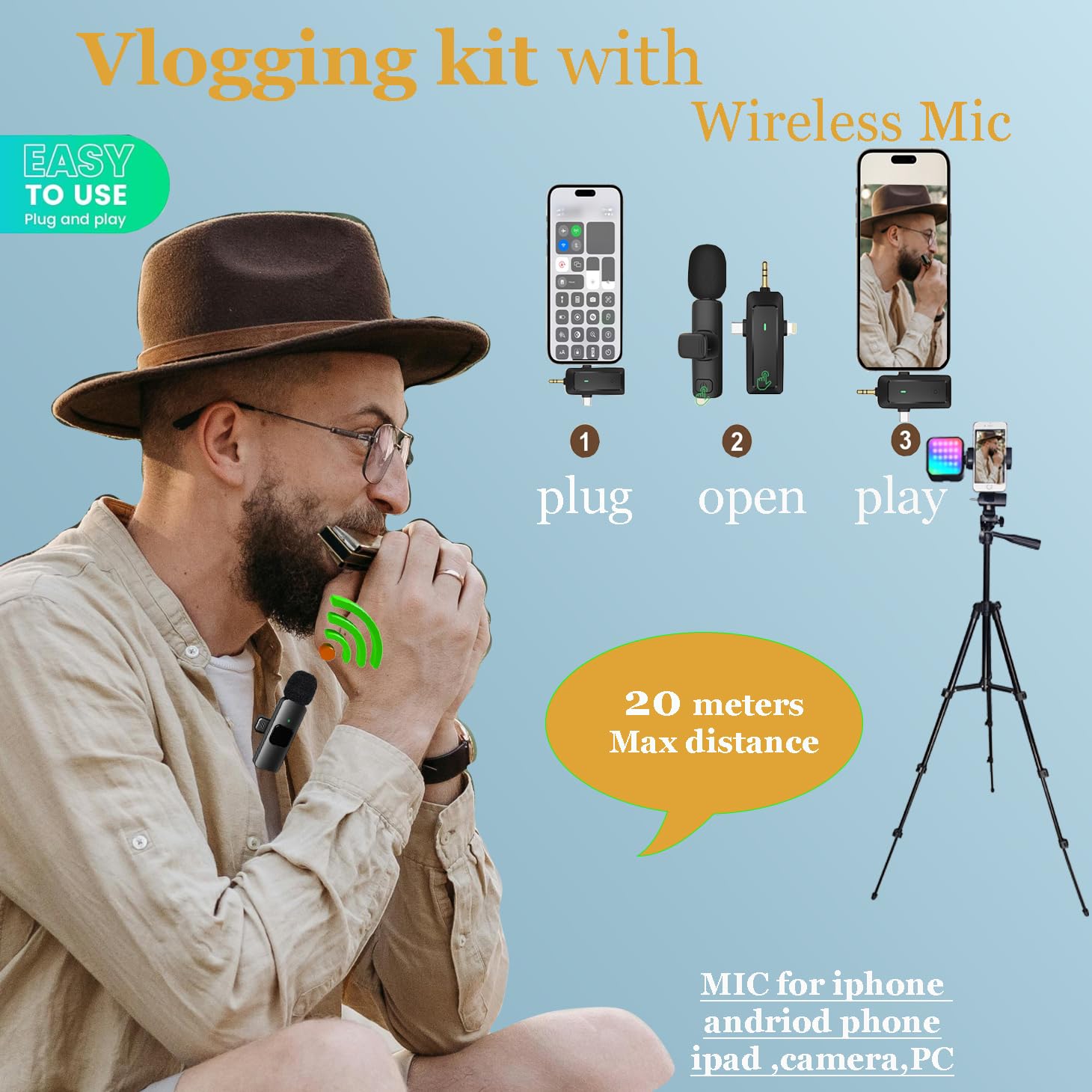 Vlogging Kit pour iPhone Andriod Phone, Kit Youtuber Complet, kit vidéo Influenceur Trípode móvil W/micrófono inalámbrico/Luz RGB/remoto/trípode Extensible