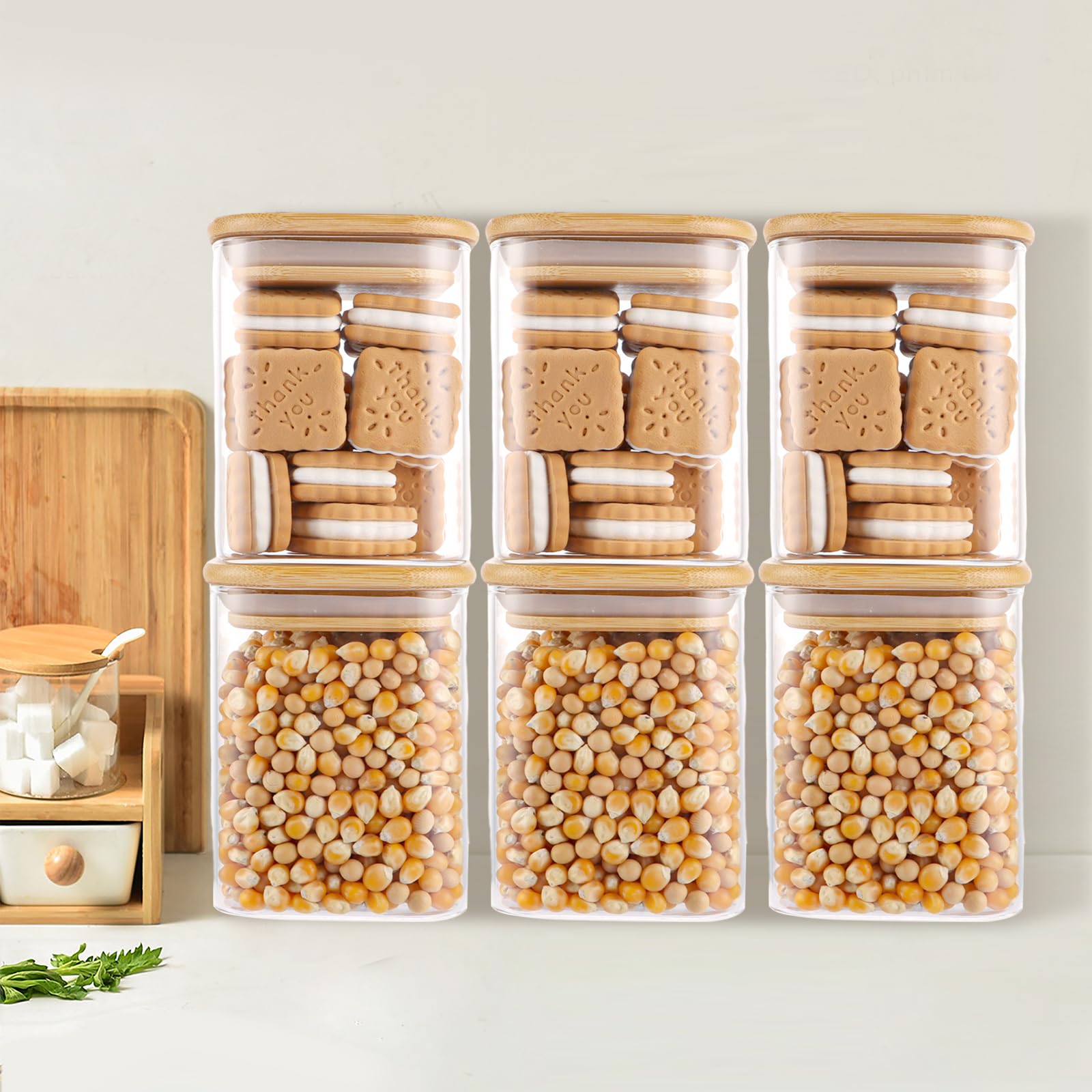 YAYODS 8 tarros de cristal rectangulares con etiquetas, 0,5 L, herméticos, pequeños, con tapa de madera, para granos de café, espaguetis, harina, azúcar (sin BPA)