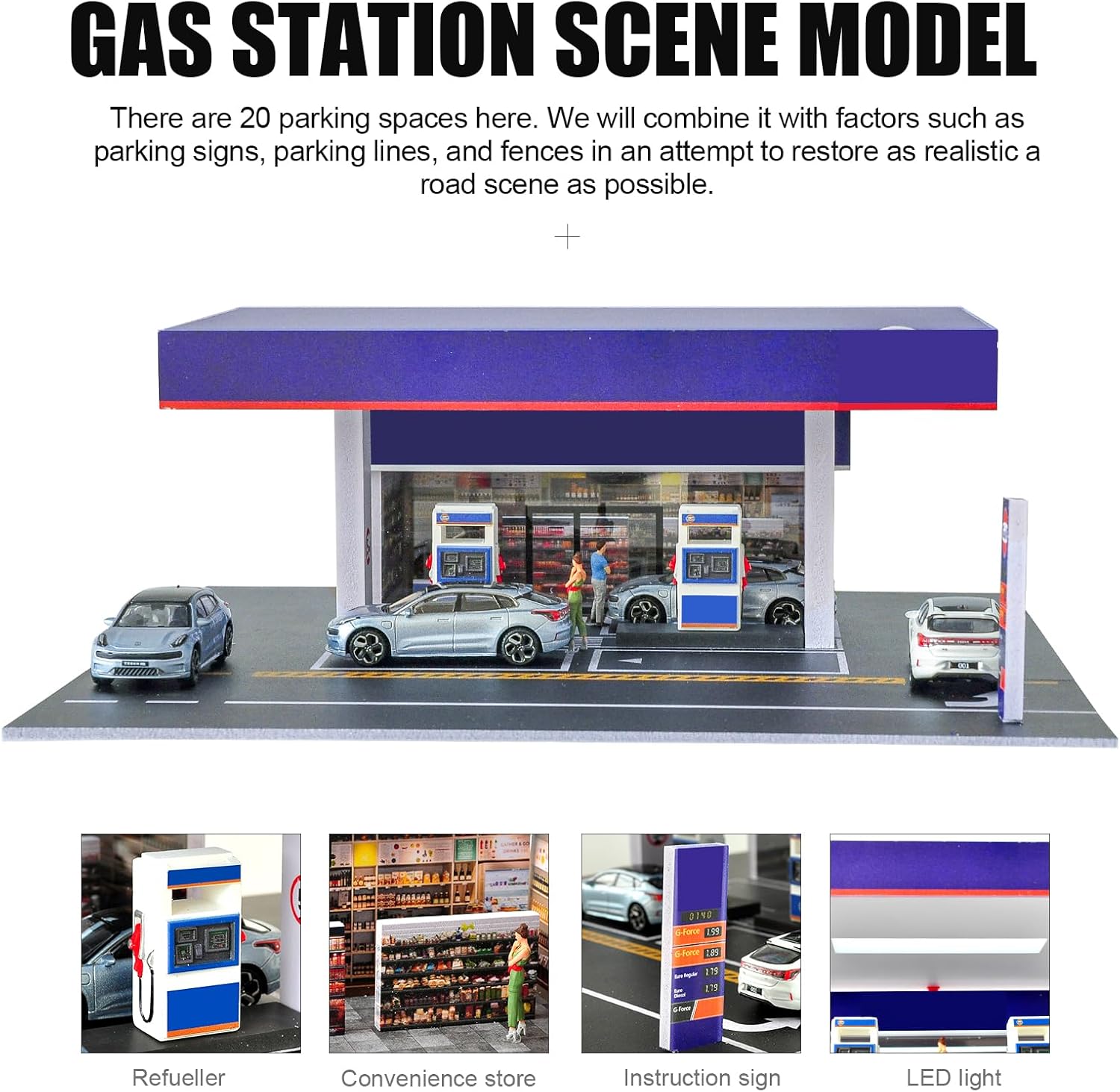 1/64 Scale Display Case Gas Station Scene Car Garage Moldel with LED Light Diecast Car Show Case 6 Parking Spaces Blue