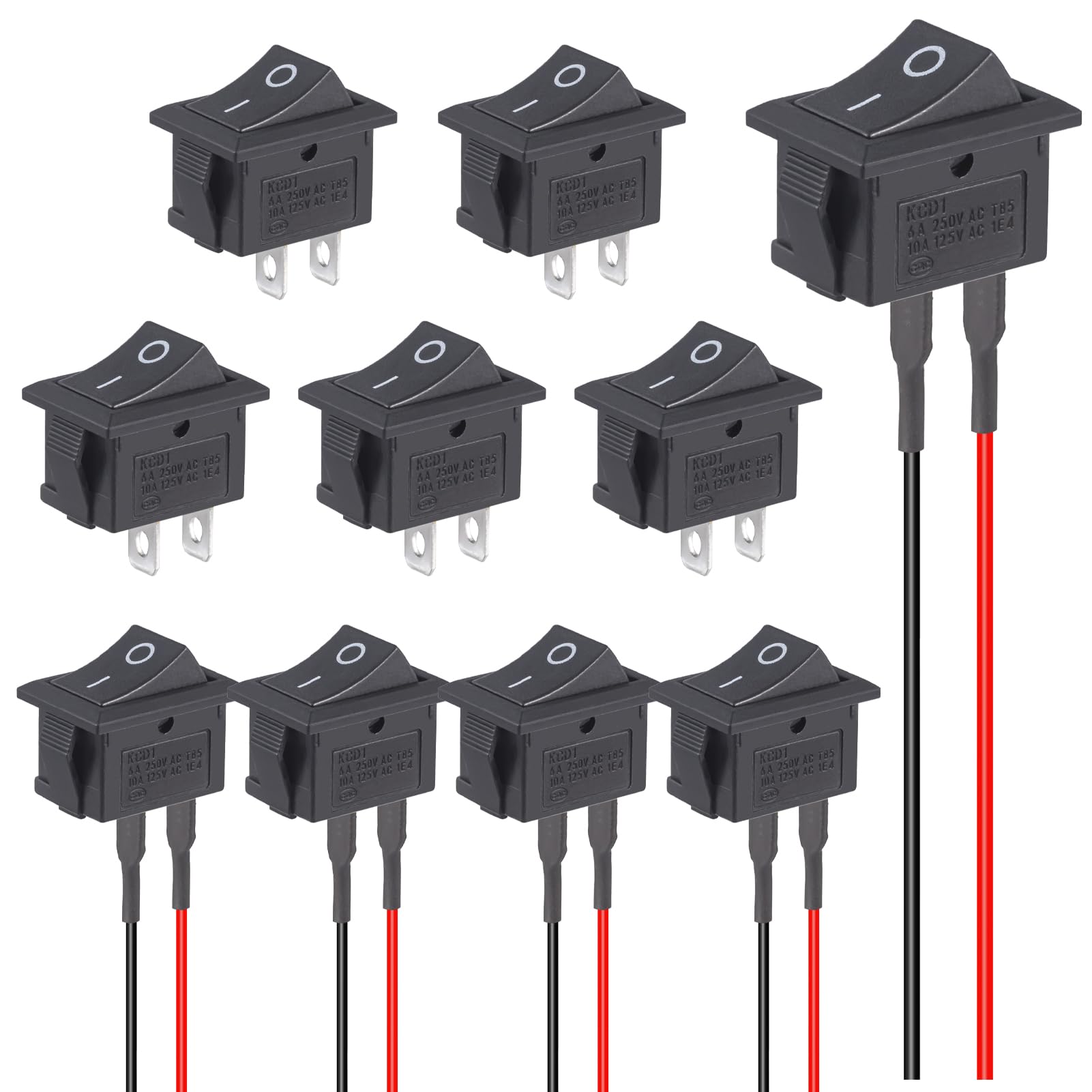 5Pcs Rocker Switch with Cable 5Pcs Switch 12V Mini Small Lever Switches ON OFF 6A 250V 10A 125V SPST 2Pins Black for Car Camper (Pack of 10)