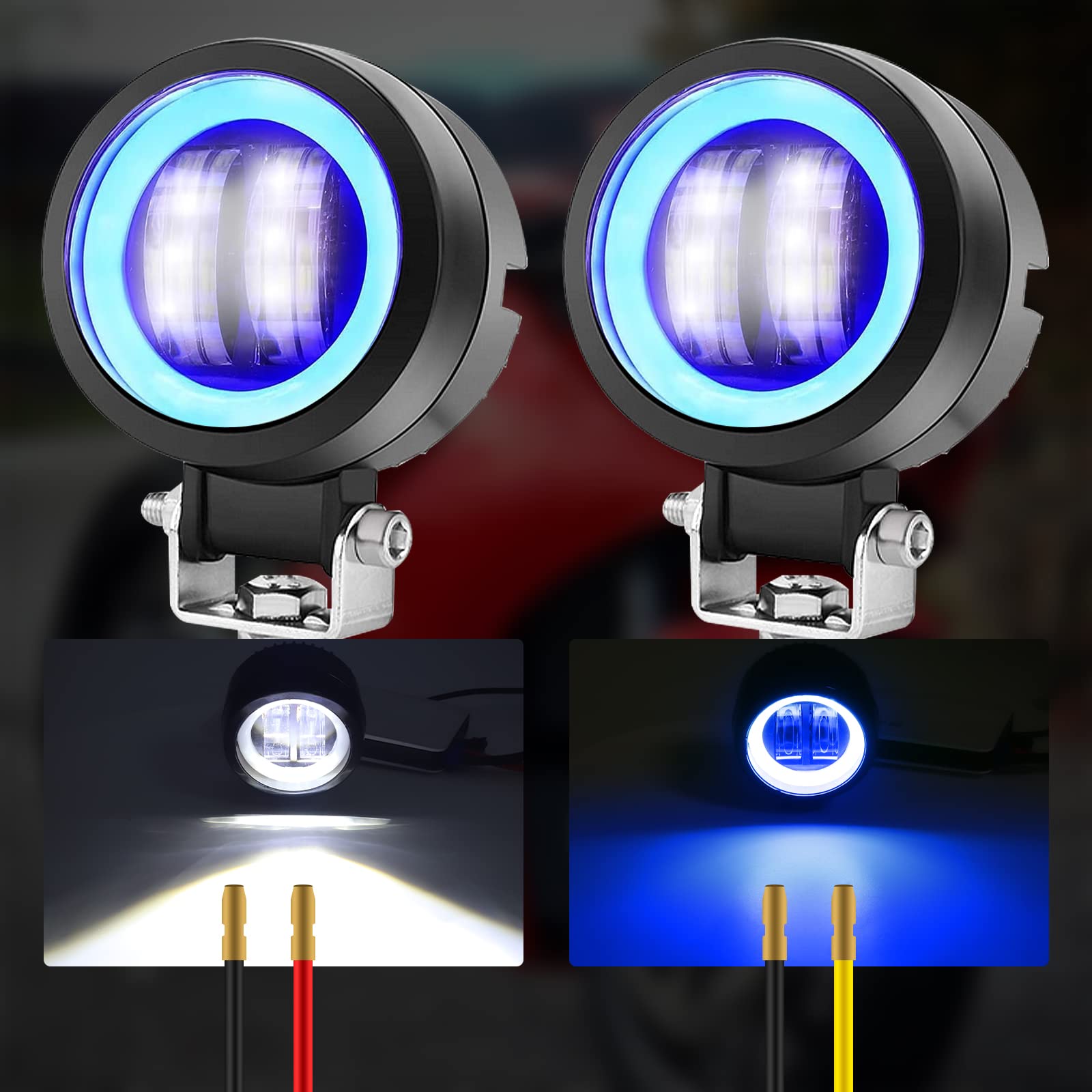 Phares de Moto LED 12V/24V Phares Antibrouillard de Moto Led Lumières Auxiliaires Feux Additionnels LED Motos DRL Ange Yeux 20W 3” (Inclure le commutateur) 2Pcs