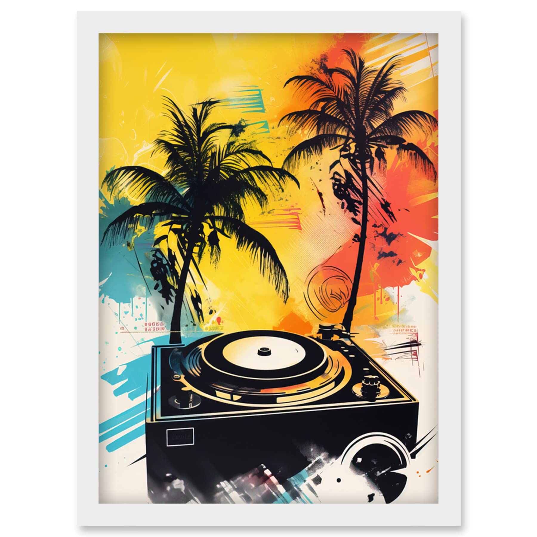Artery8 Music Under Palm Trees Tropical Beach Party Modern Watercolour Painting Artwork Framed Wall Art Print A4