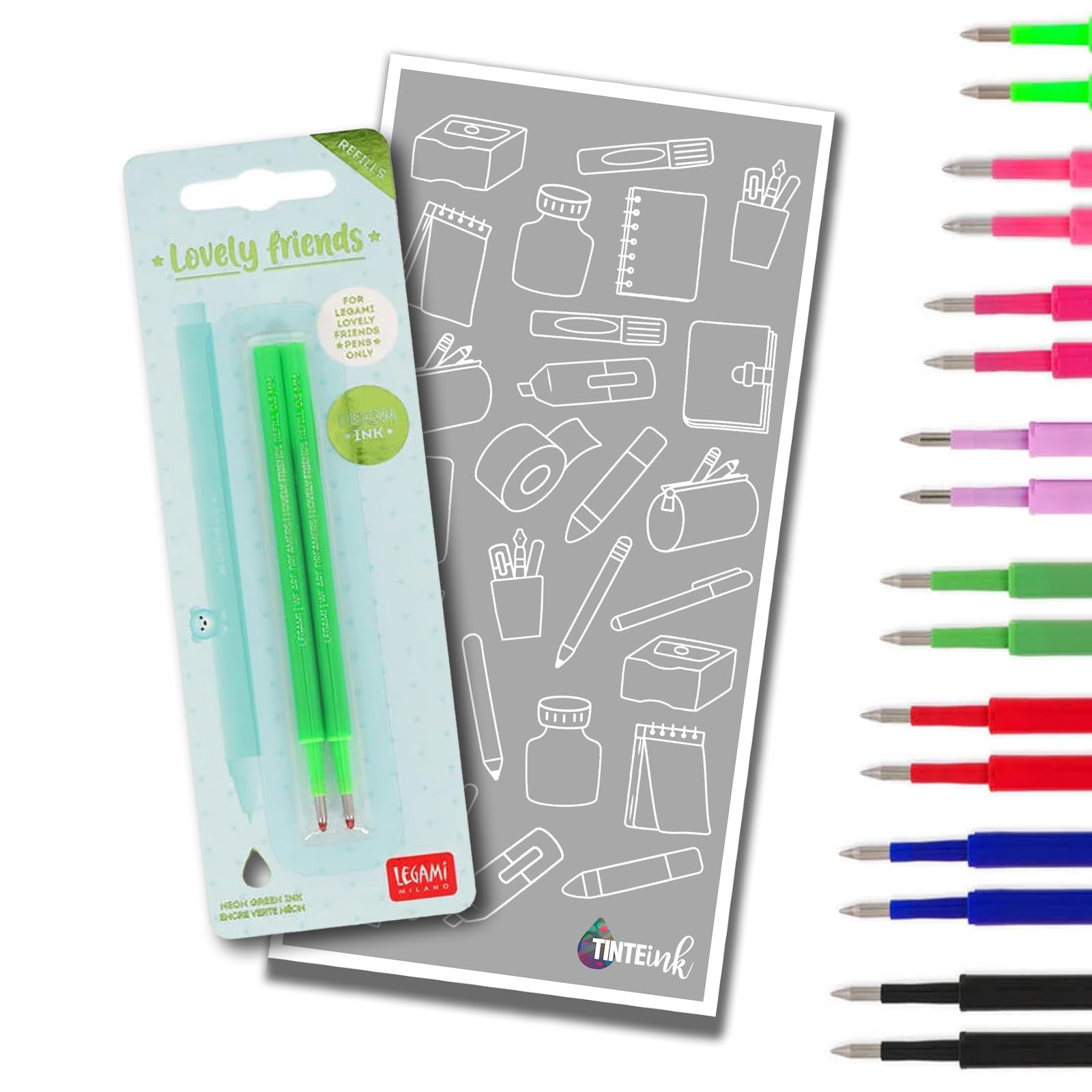 Legami Pen Refills for Lovely Friends Pen Range with Tinte Ink Envelope (Neon Green (Single Pack))