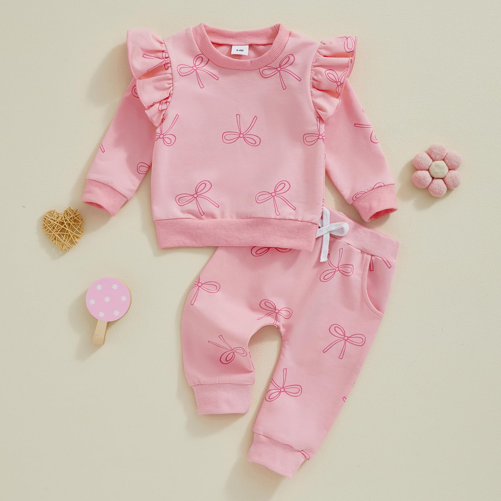 Gaono Toddler Baby Girl Fall Winter Clothes 2 Piece Sweatsuit Set Ruffle Long Sleeve Pullover Sweatshirt Sweatpants Outfit (A-Pink, 12-18 Months)