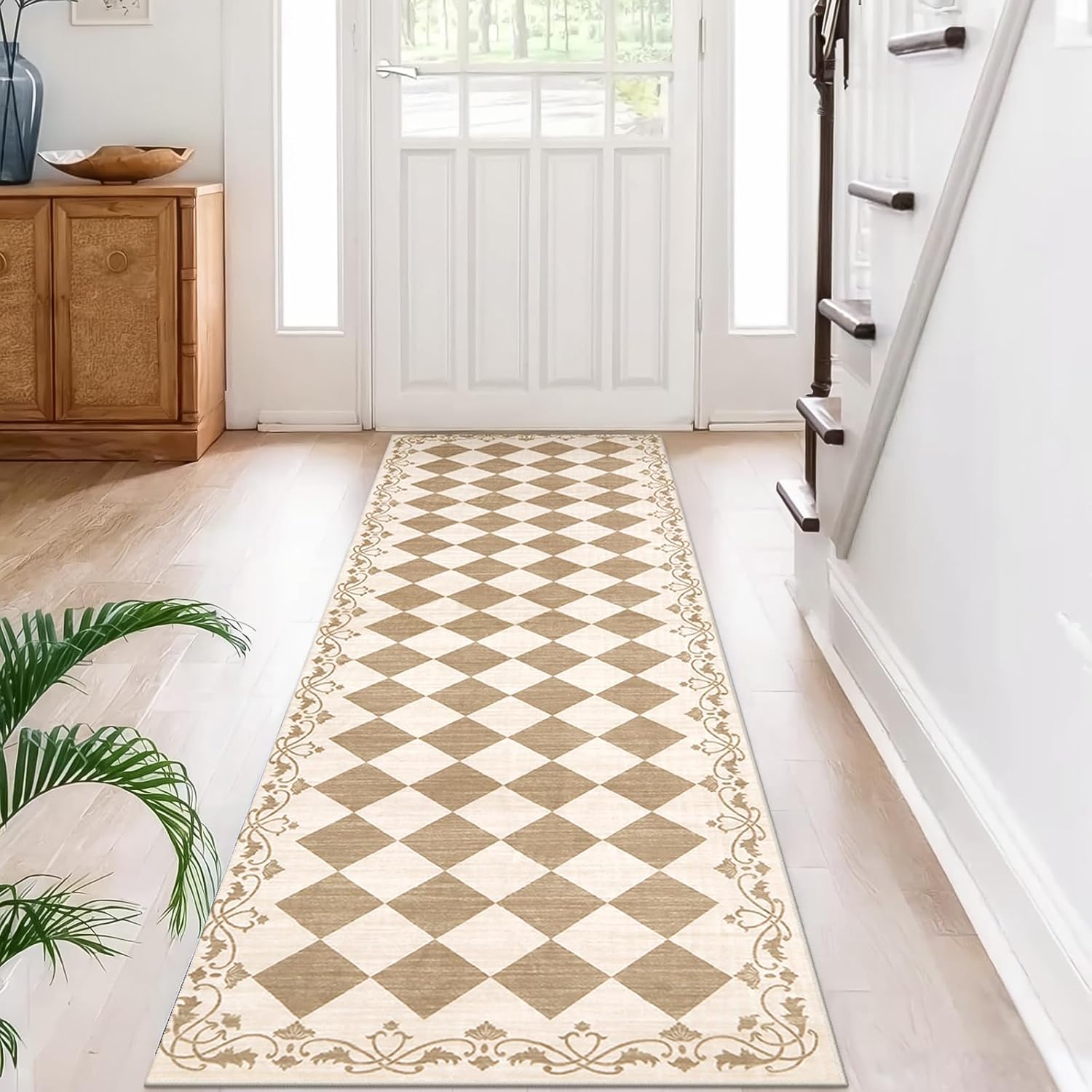 Beeiva Checkered Hallway Rug 2x6 Washable Runners for Kitchen Floor Non Slip Ultra Thin, Gingham Neutral Soft Bathroom Rug 2x6 Beige Diamond Carpet for Laundry Bedroom Entryway Home Deocr