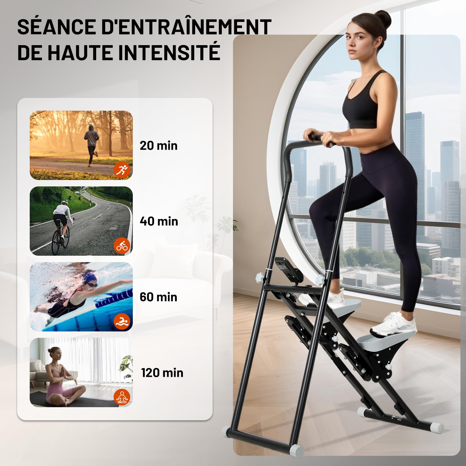 Stepper Escalier, Stepper Fitness Appartement avec Guidon/Pédale Réglable 3 Niveaux, Vertical Sport Escalader Entraînement Complet avec Ecran, Stair Steppers Climber Compact Noir Charge 100KG