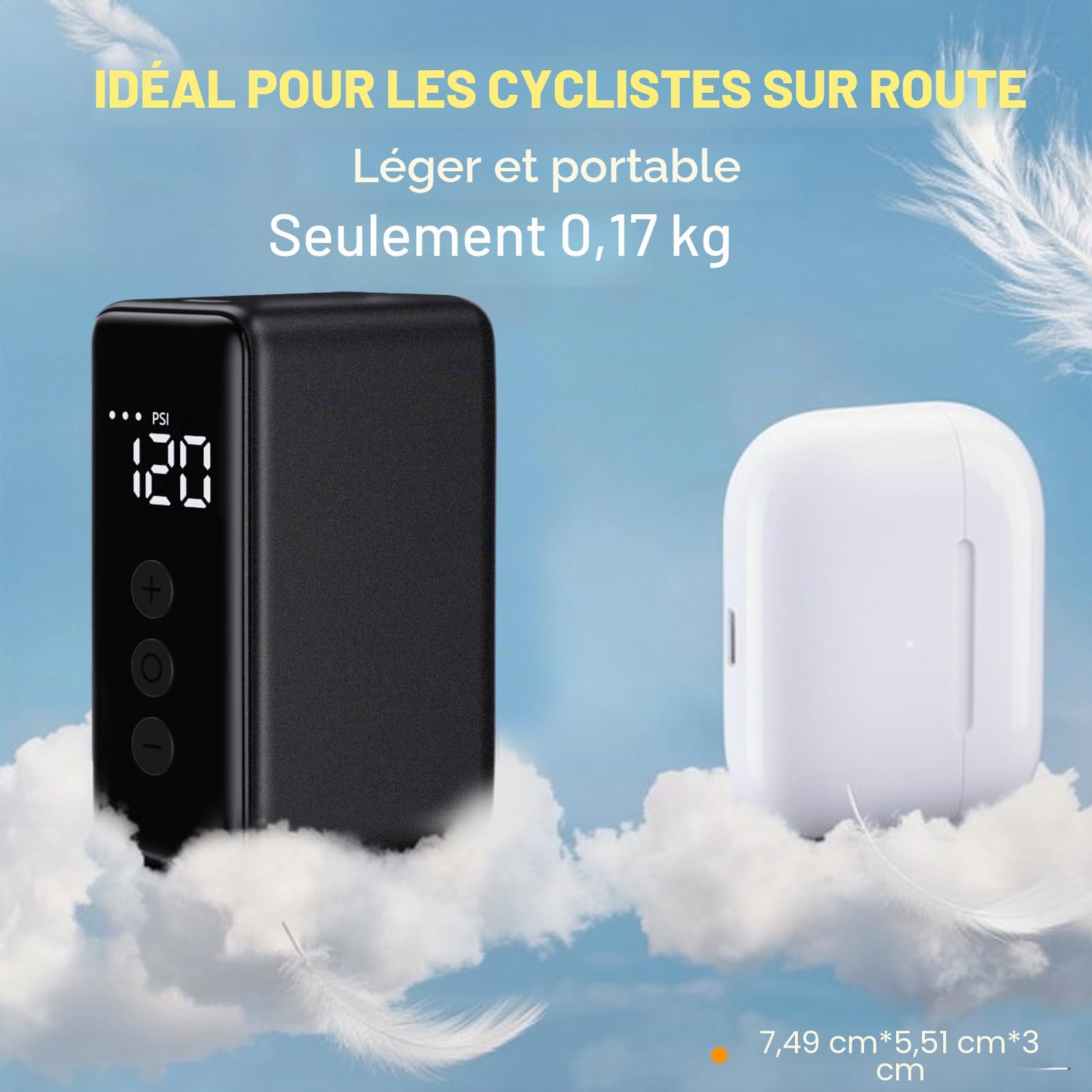 WARMTUYO Pompe à Air Électrique, Mini Pompe Vélo Électrique 120 PSI avec Manomètre, Arrêt Automatique, Compatible Valves Presta et Schrader, pour VTT, Vélo Urbain et de Route