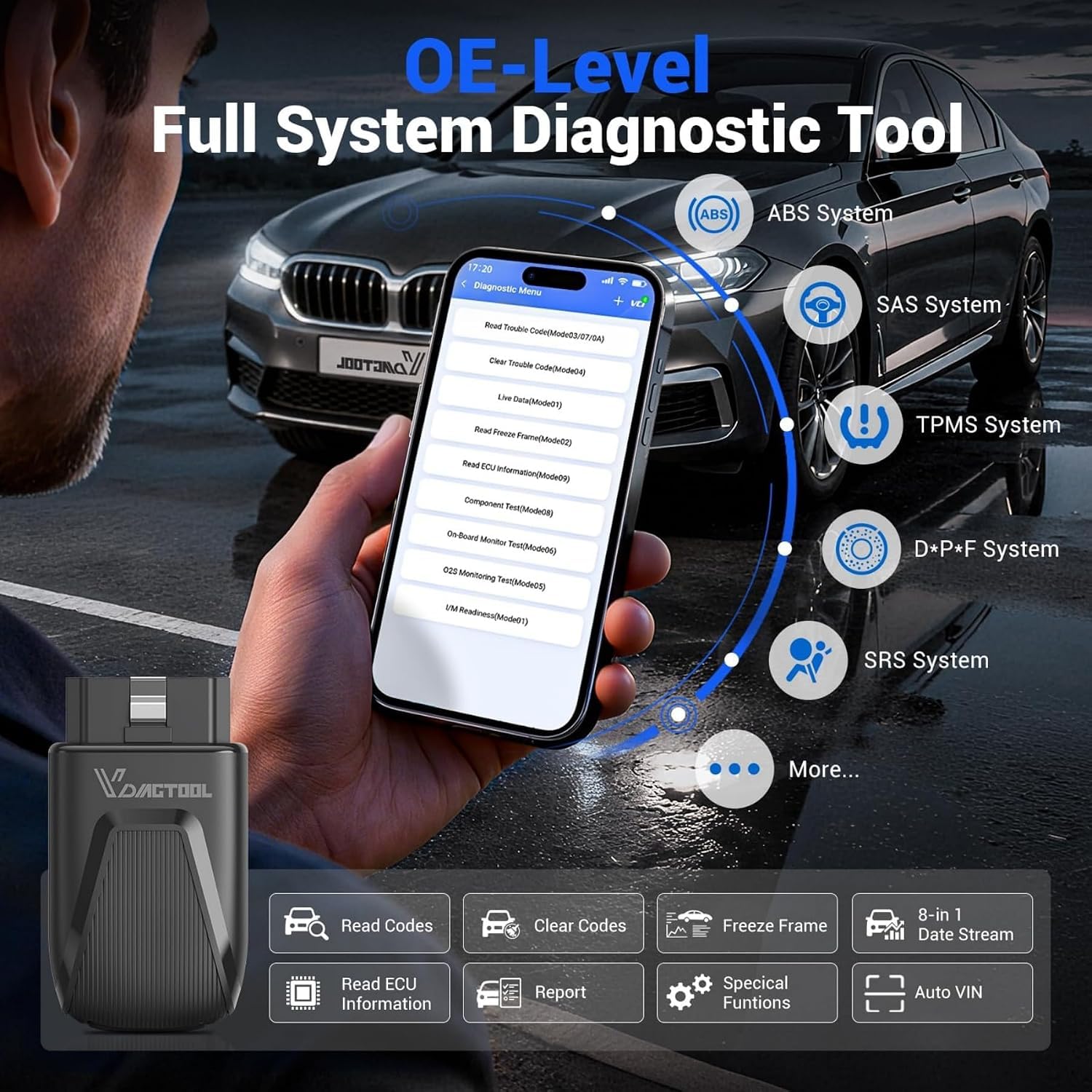 Diagnosegerät Auto Bluetooth VDIAGTOOL D100, Vollsystem Bidirektionales OBD2 Diagnosegerät mit 17+ Reset, Lebenslange Updates Auslesegerät Auto für Android & iOS, FCA & CAN-FD Fahrzeug Kfz OBD Scanner