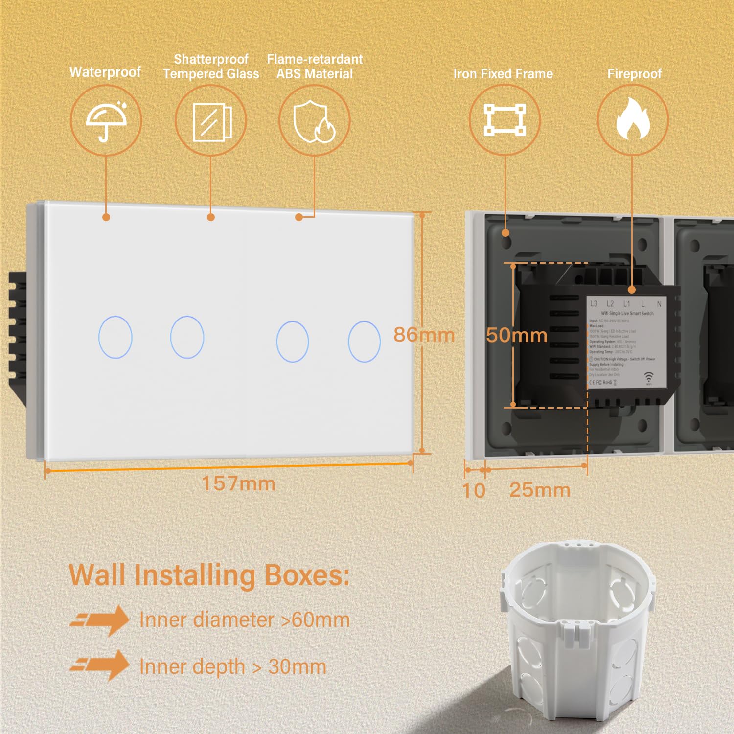 BSEED Doppio interruttore della luce WiFi Smart Alexa, senza conduttore neutro, interruttore touch WIfI in vetro, Alexa e Google Home Work con Tuya, 2 scomparti + 2 scomparti 157 mm, bianco