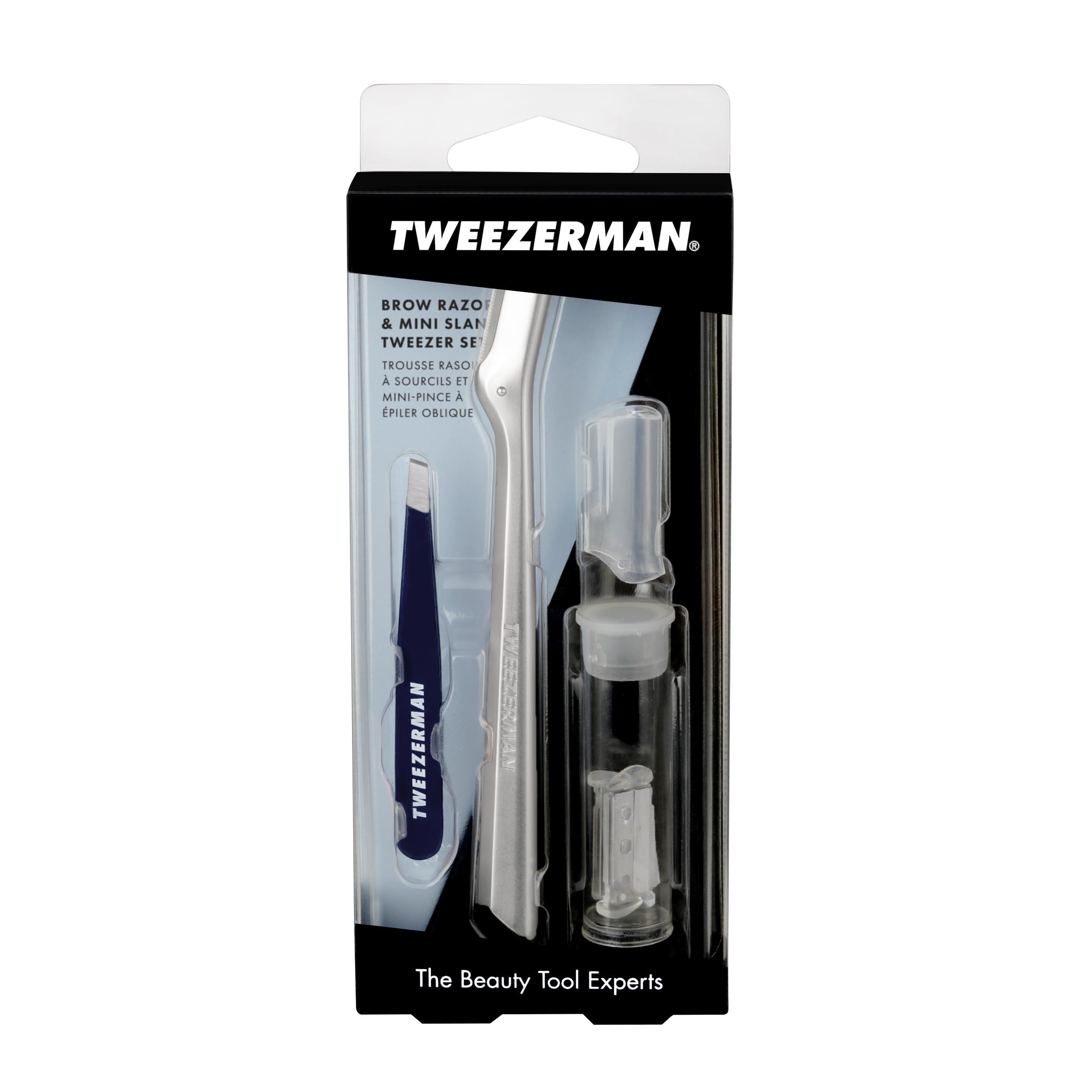 Tweezerman Exclusiva maquinilla de afeitar para cejas y mini pinzas inclinadas color azul noche