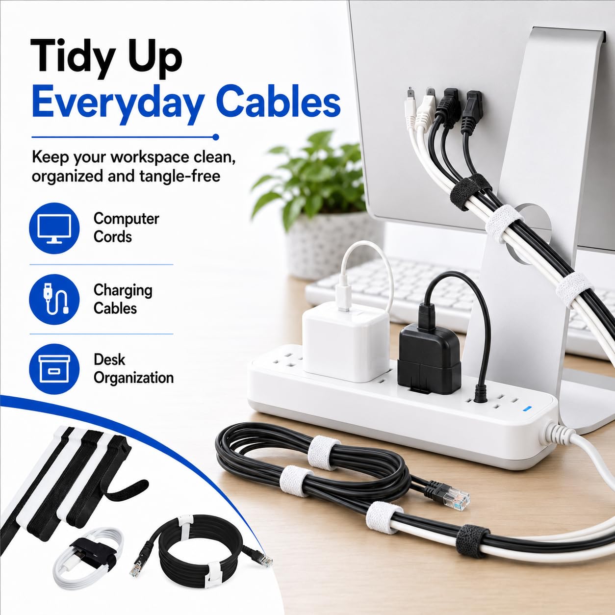 70 bridas para cables de computadora, bridas de alambre, bridas reutilizables para electrónica, bridas de microfibra de gancho y bucle para almacenamiento, blanco y negro, 4, 6, 8 pulgadas