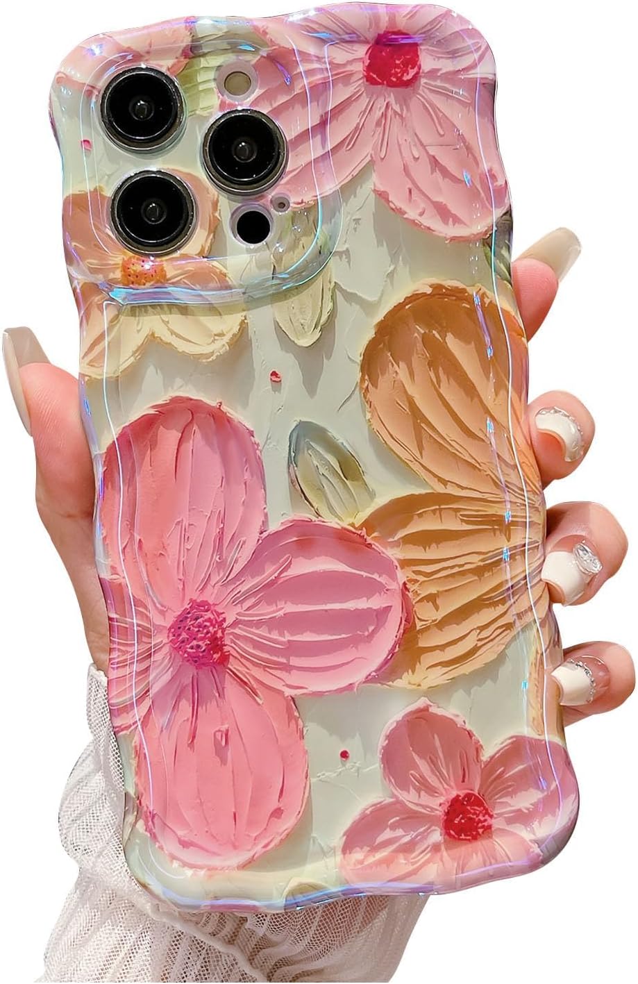 – for iPhone 15 Pro Max Case, Colorful Retro Oil Painting Flower Cute Curly Wave Border Floral Case for Women Girls, Camera Protection Soft Shockproof Cover Case for iPhone 15 Pro Max - Pink