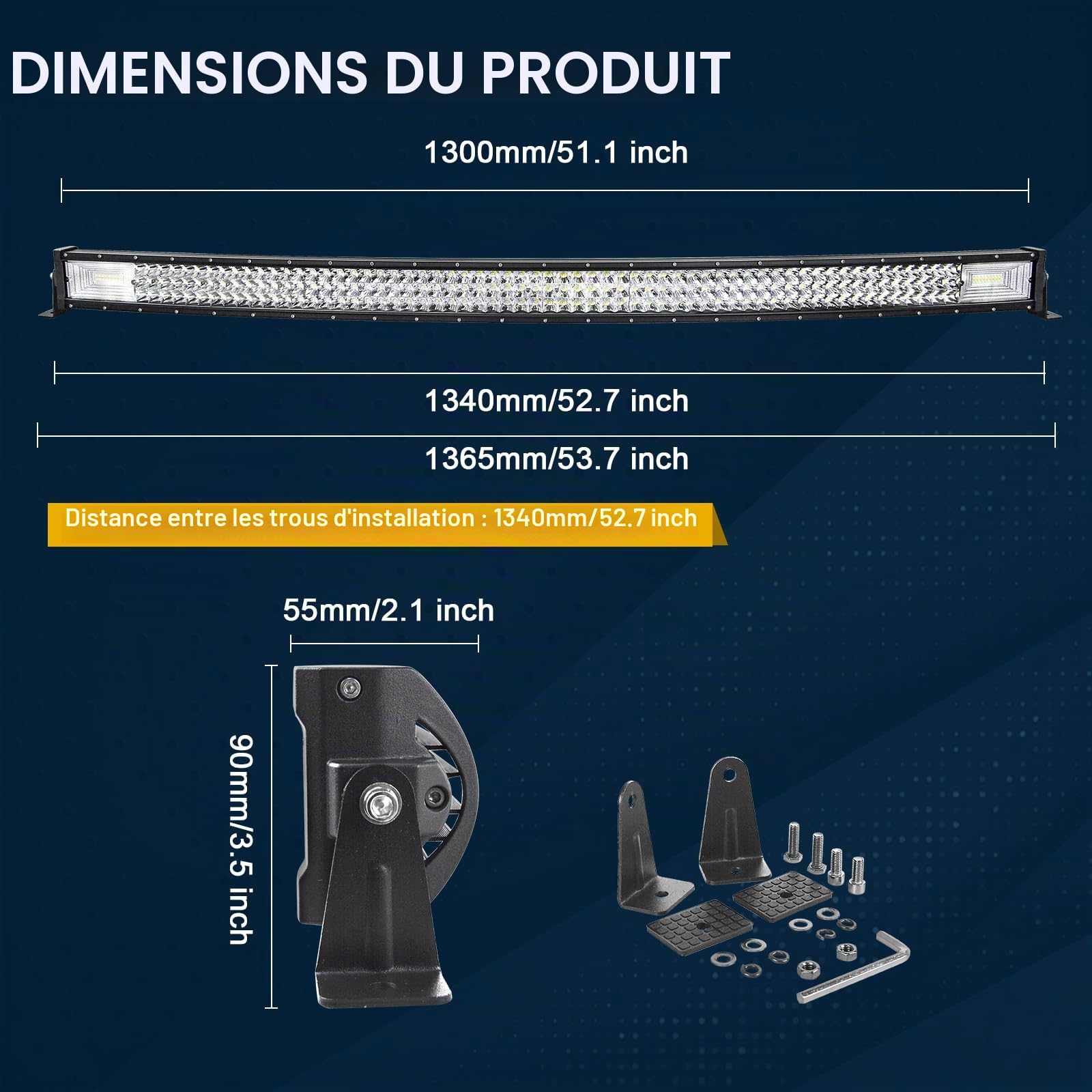 SKYWORLD Barre Led Incurvée 52 Pouces 130 cm 675W Longue Portée | Triple Rangée Rampe eclairage Led Bar 12V 24V, Etanche Barre Lumineuse pour 4x4 Offroad Véhicule Voiture Camion SUV UTE ATV
