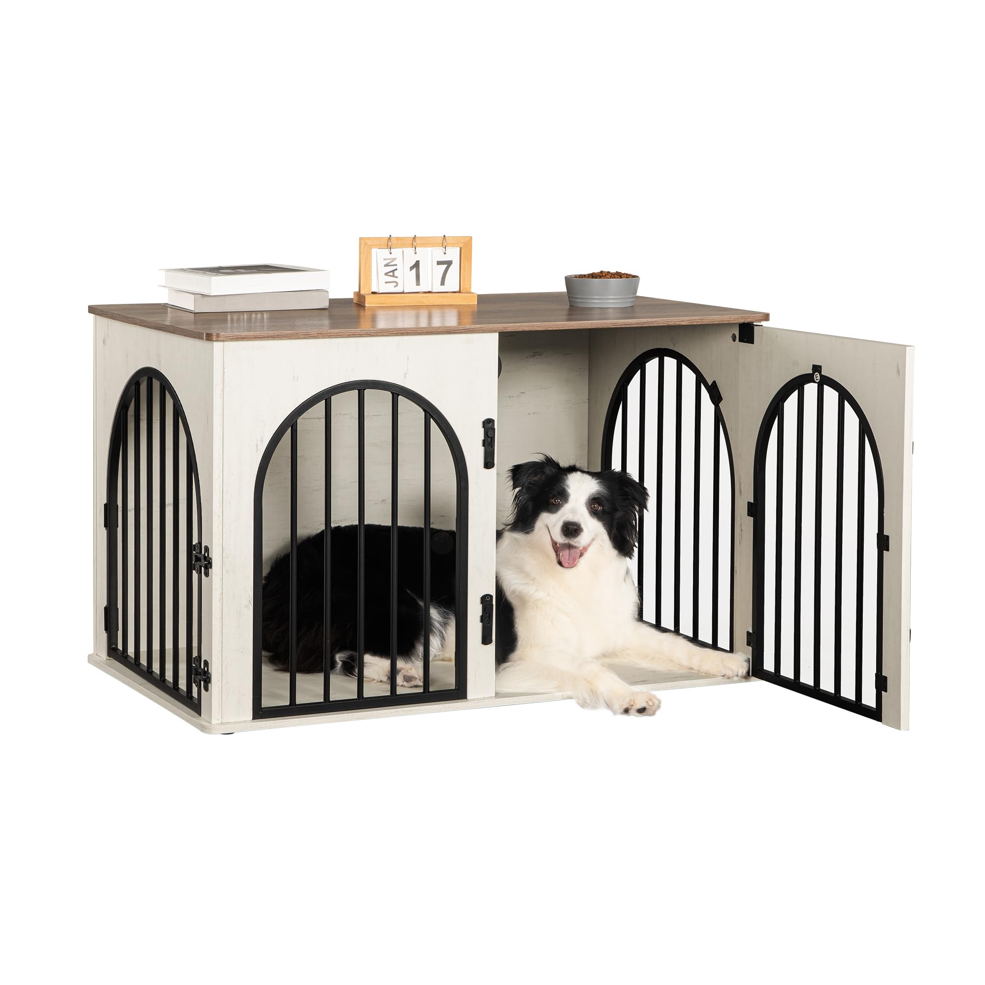 Hzuaneri Hundekäfig Möbel, 100cm Hundebox für Zuhause, 3 Türen, Bogentür, Moderne Hundebox Indoor für Hunde, Beistelltisch, Hundekäfig Hochbelastbar, 100 x 60 x 63 cm, Weiß Braun DFC84114B