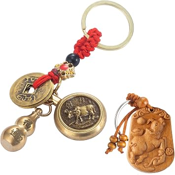 2 in 1 Feng Shui Wu Lou Brass Gourd 12 Zodiac Wood Carved Lucky Key Chain - Chinese Style Gift for Collecting and GiftingOx