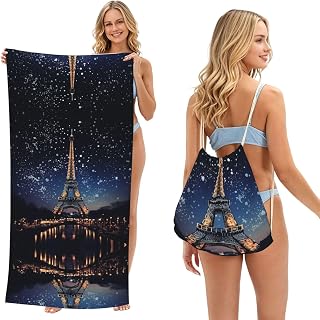2 in 1 Packable Towel Bag,Soft Absorbent Pool Towels Backpack Quick Dry Lightweight Beach Towels Night Paris Eiffel Tower Drawstring Bag for Travel Camping Sports Picnic