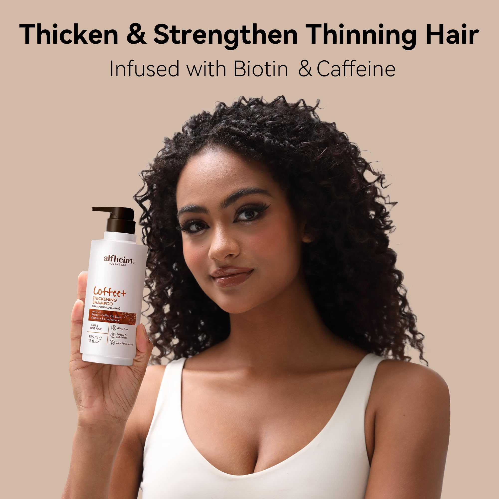 Alfheim Coffee+ Thickening Shampoo | Caffeine, Biotin & Niacinamide for Hair Growth & Strength | Volumizing & Hydrating Formula for Thinning & Fine Hair | Sulfate-Free, Color-Safe -18oz