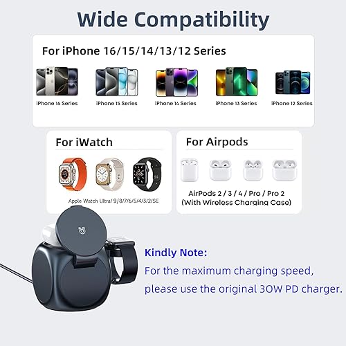 Miniatura 6 de Estación de carga magnética 3 en 1 para dispositivos Apple, soporte de cargador inalámbrico compacto con imán portátil para iPhone 17, 16, 15, 14,