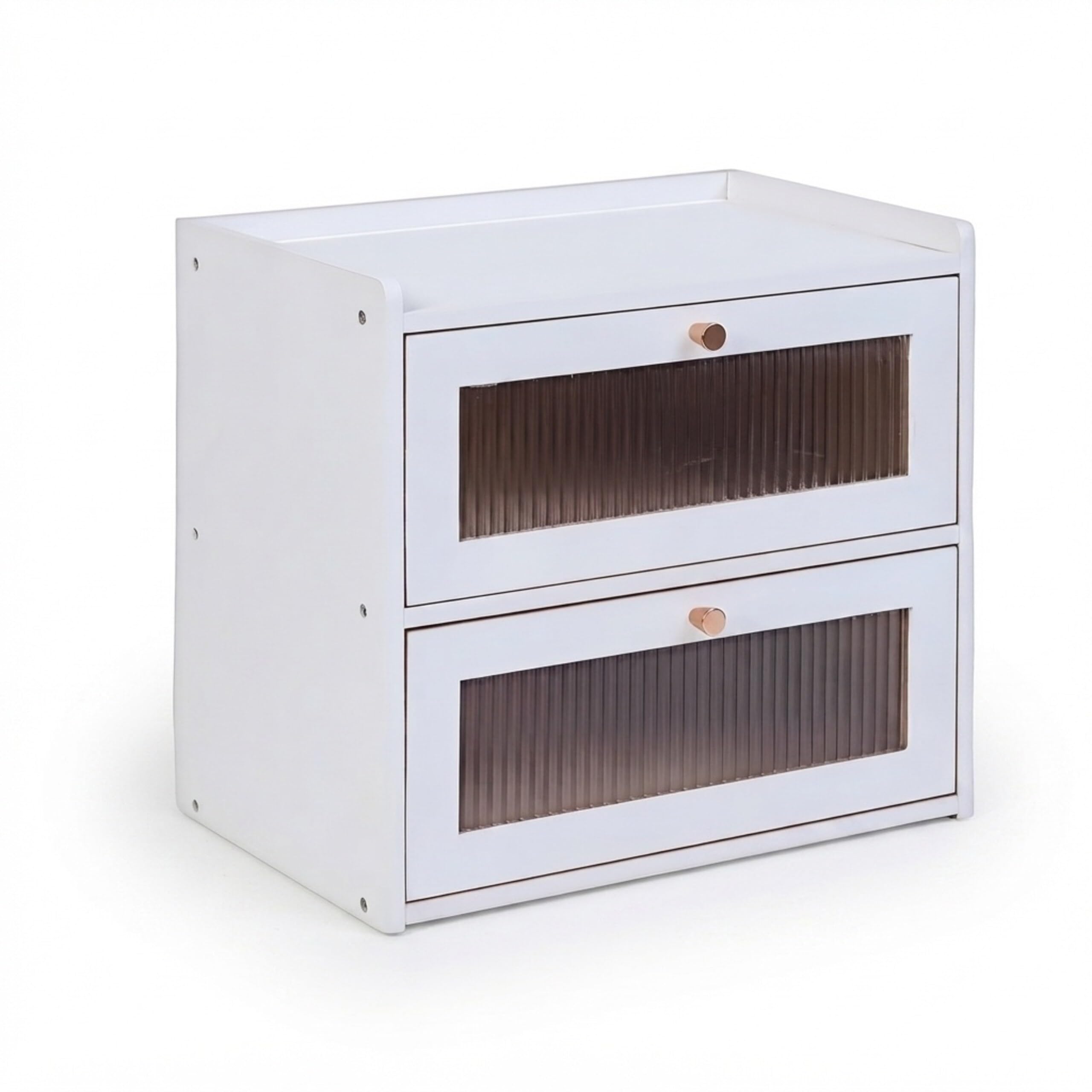 Relaxdays Portapane in bambù 2 Livelli, con finestrelle e sportelli a ribalta, 34 x 36,5 x 24 cm, Bianco