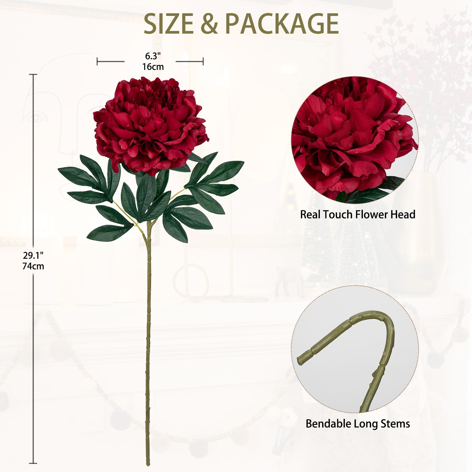 Hollyone 6.3'' Dark Red Peony Artificial Flowers with 29.1'' Long Stem - Image 2