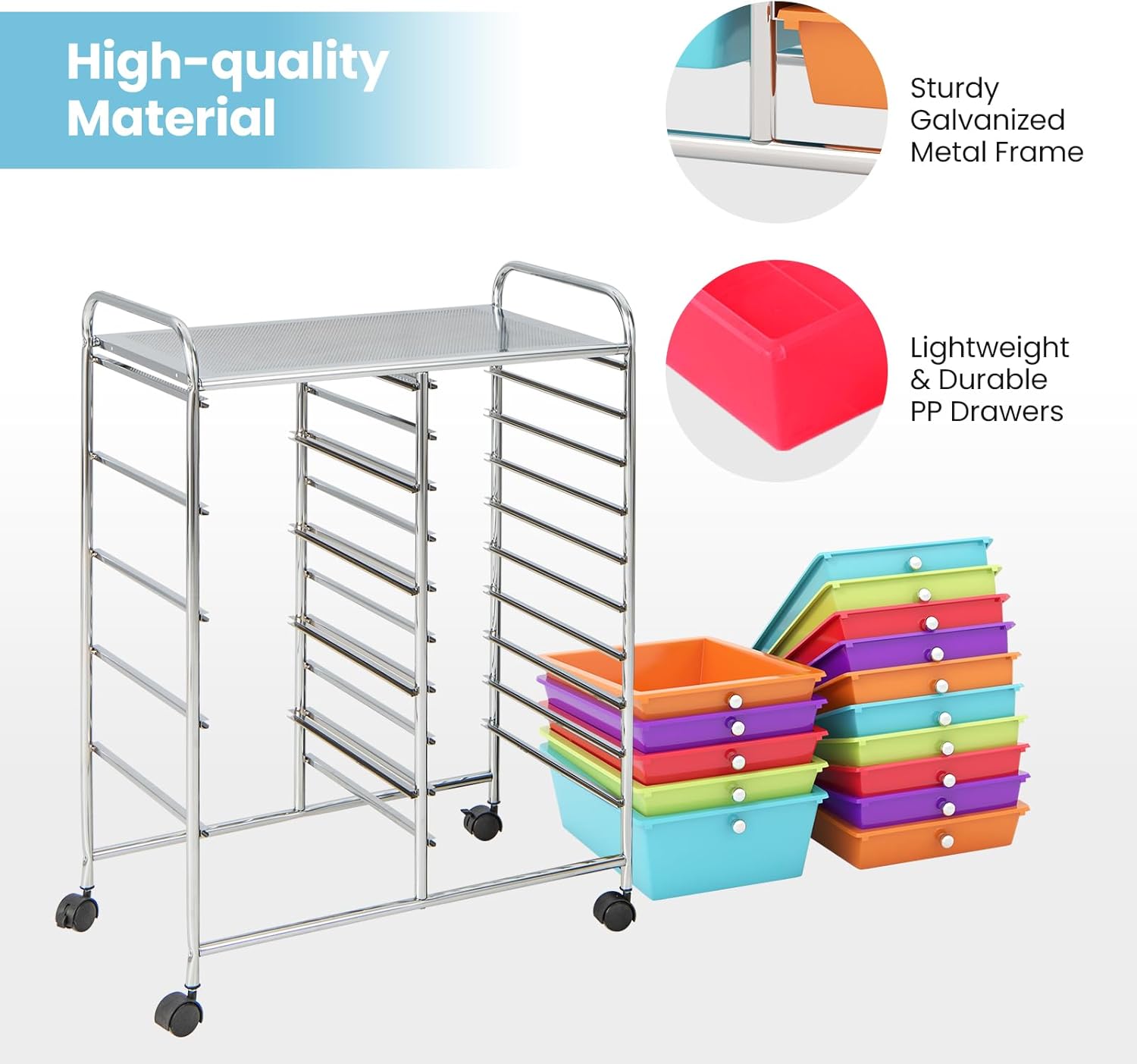 Giantex 15-Drawer Organizer Cart Office School Storage Cart Rolling Drawer Cart for Tools, Scrapbook, Paper (Multicolor)