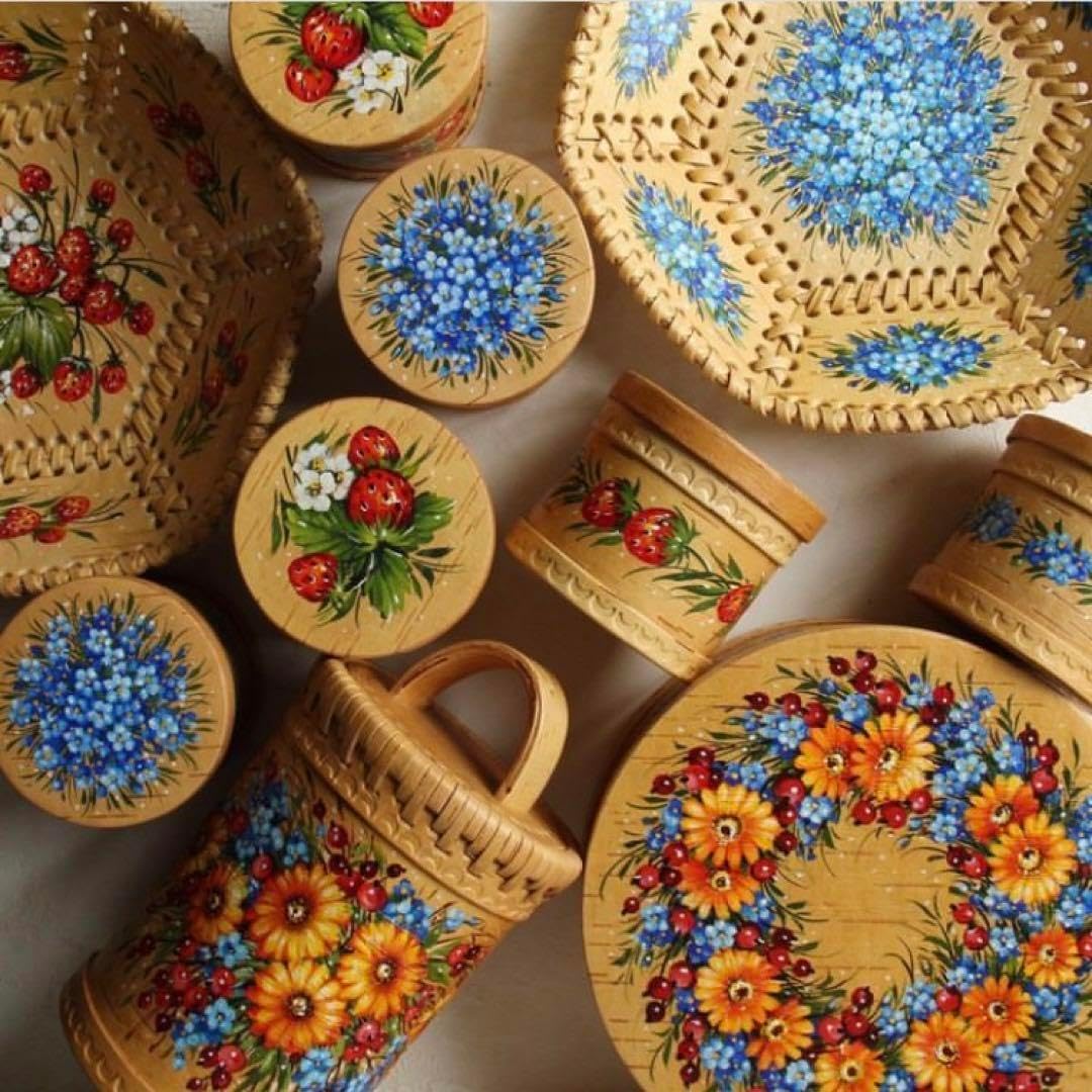 ロシア雑貨白樺工芸 ベレス タ勿忘草プレート&キャニスター3個
